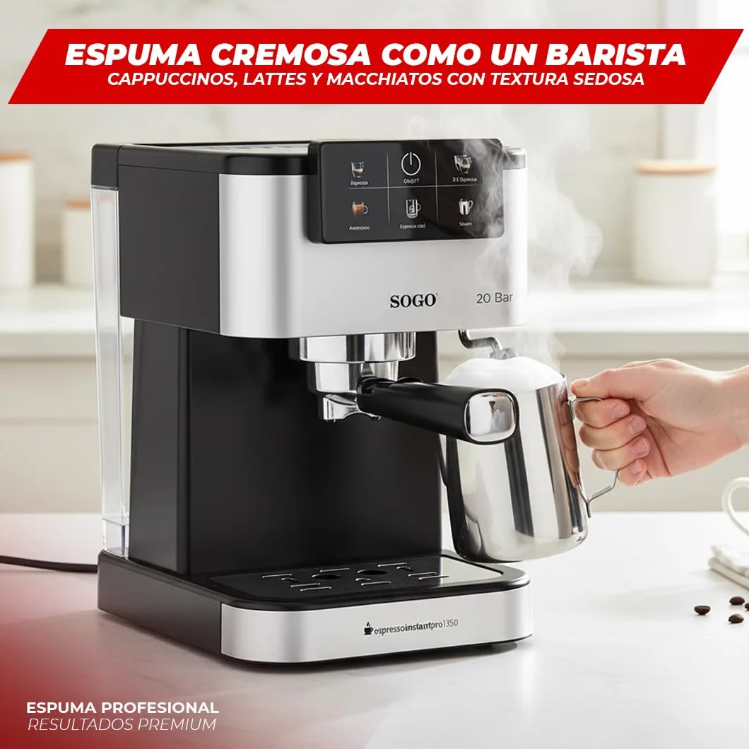 SOGO Máquina de Café Espresso 20 Bar con Pantalla Digital y Vaporizador de Leche – Cafetera para Café Molido y Cápsulas – Cafetera con Espuma Cremosa y Calentamiento Rápido – Limpieza Fácil