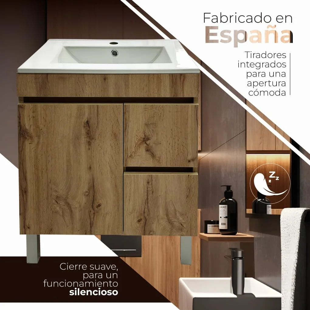 Juego Mueble Baño con Lavabo. Mueble Lavabo 60 cm. Mueble Bajo Lavabo Compacto Preinstalado de Fábrica. Mueble Baño con Lavabo 60 cm con Pie de Porcelana. No Incluye Espejo.