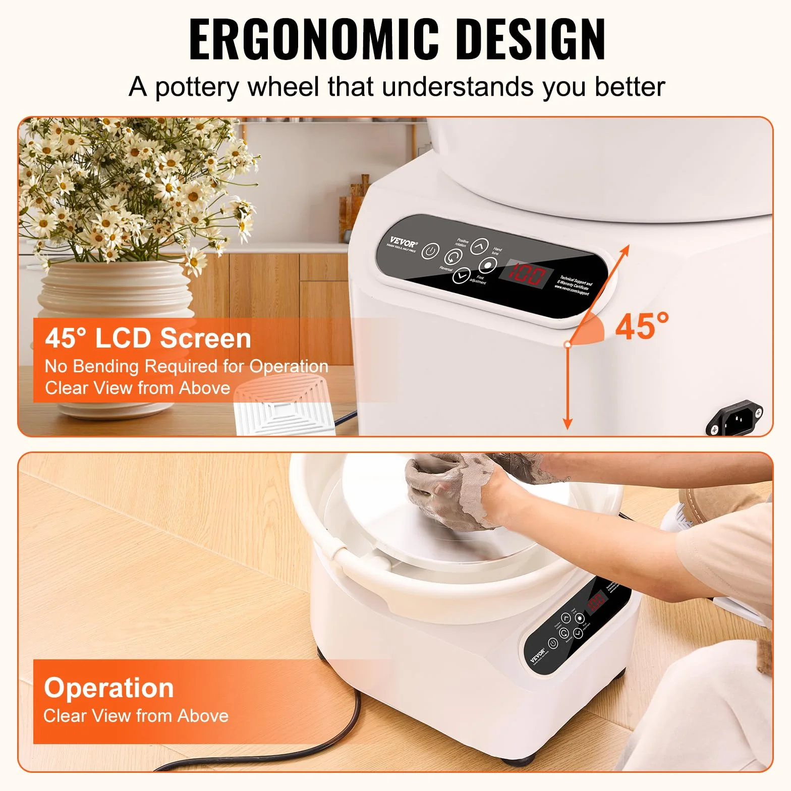 VEVOR Torno de Alfarería Eléctrico 280 mm 450 W con Pedal Pantalla Táctil LCD Mini Torno de Alfarería con 4 Patas de Soporte Rango de Velocidad de 50-300 rpm para Manualidades de Cerámica DIY, Blanco