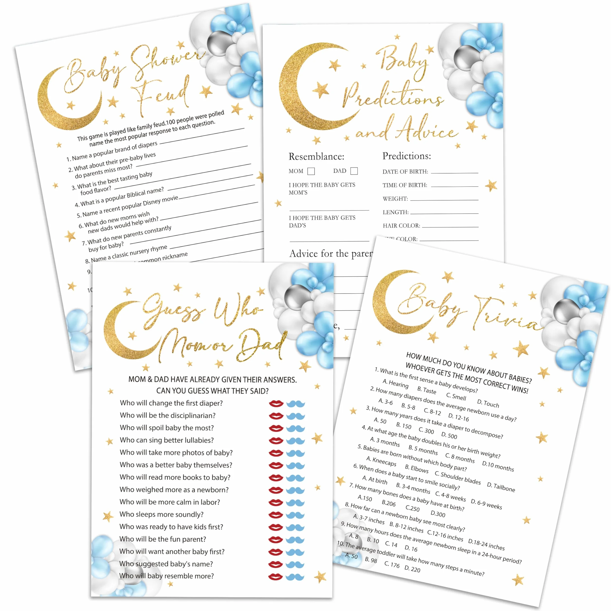 Moon Stars - Juego de juegos para baby shower, 4 juegos que incluyen trivia de bebé, pelea de baby shower, predicciones y consejos para bebés, Adivina quién mamá o papá, 50 tarjetas de doble cara y 1