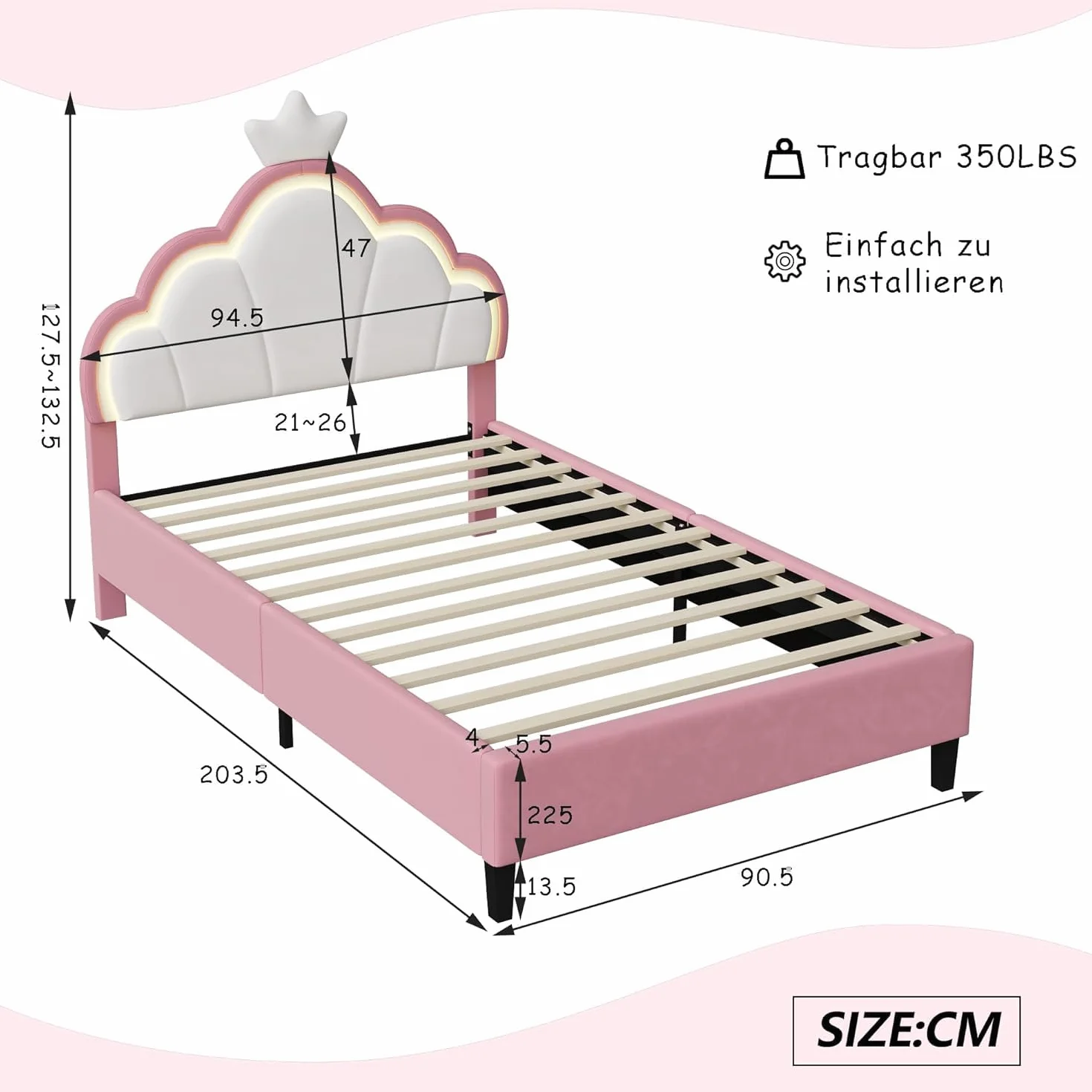 Cama infantil tapizada de 90x200 cm, cama para niñas, camaInfantil, camaPrincesa con cabecero LED ajustable y somier de láminas, camaJuvenil de madera maciza y terciopelo, sin colchón (90*200)