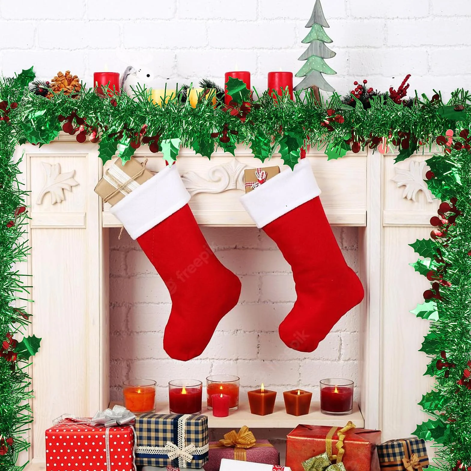 GEBETTER 6Pcs x 2m Guirnaldas Navidad, Espumillon Árbol Navidad, Oropel Hojas Verdes Bayas Rojas, Decoración Navideña Adorno Escalera Chimenea Pared Techo Ventana Hogar Fiesta Regalo (Verde)