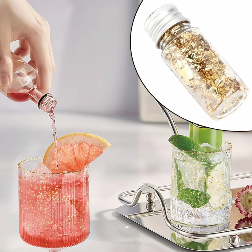 2 Botellas Copos de Oro Comestible para Decoración de Pasteles, Chocolates, Postres y Bebidas