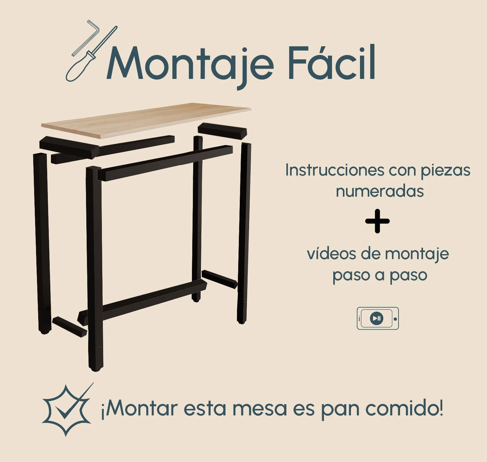 MB Muebles Bonitos | Mesa Alta de Cocina | Estilo Industrial | Modelo Ani | Barra de Cocina Estrecha y Desayunador | Patas de Metal y Melamina Mate | Color Negro | 120x100x40 cm