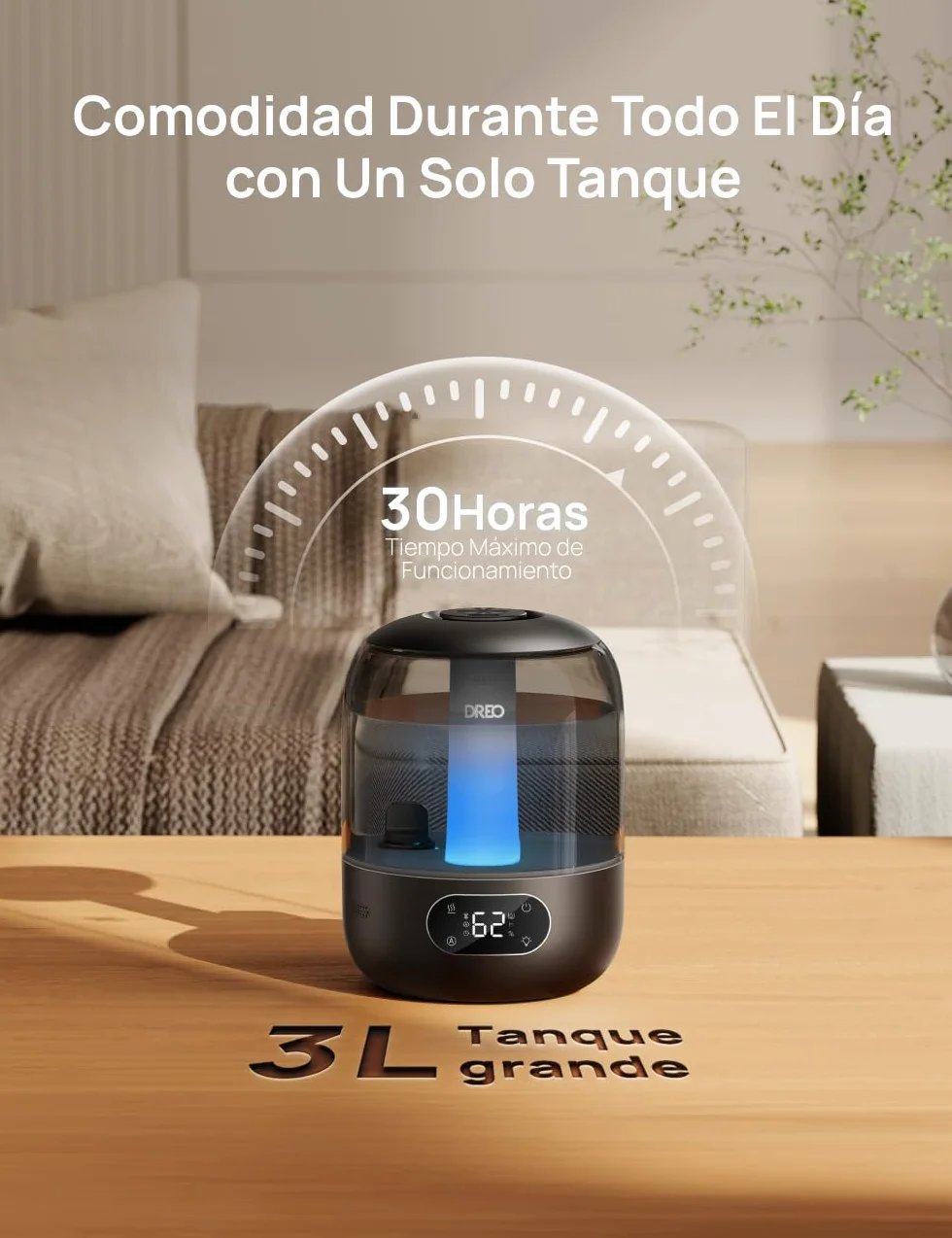 DREO Humidificador Ultrasónico 3L 26dB Silencioso con Sensor de Humedad, Niebla Fría, 30h, Boquilla 360°, Negro