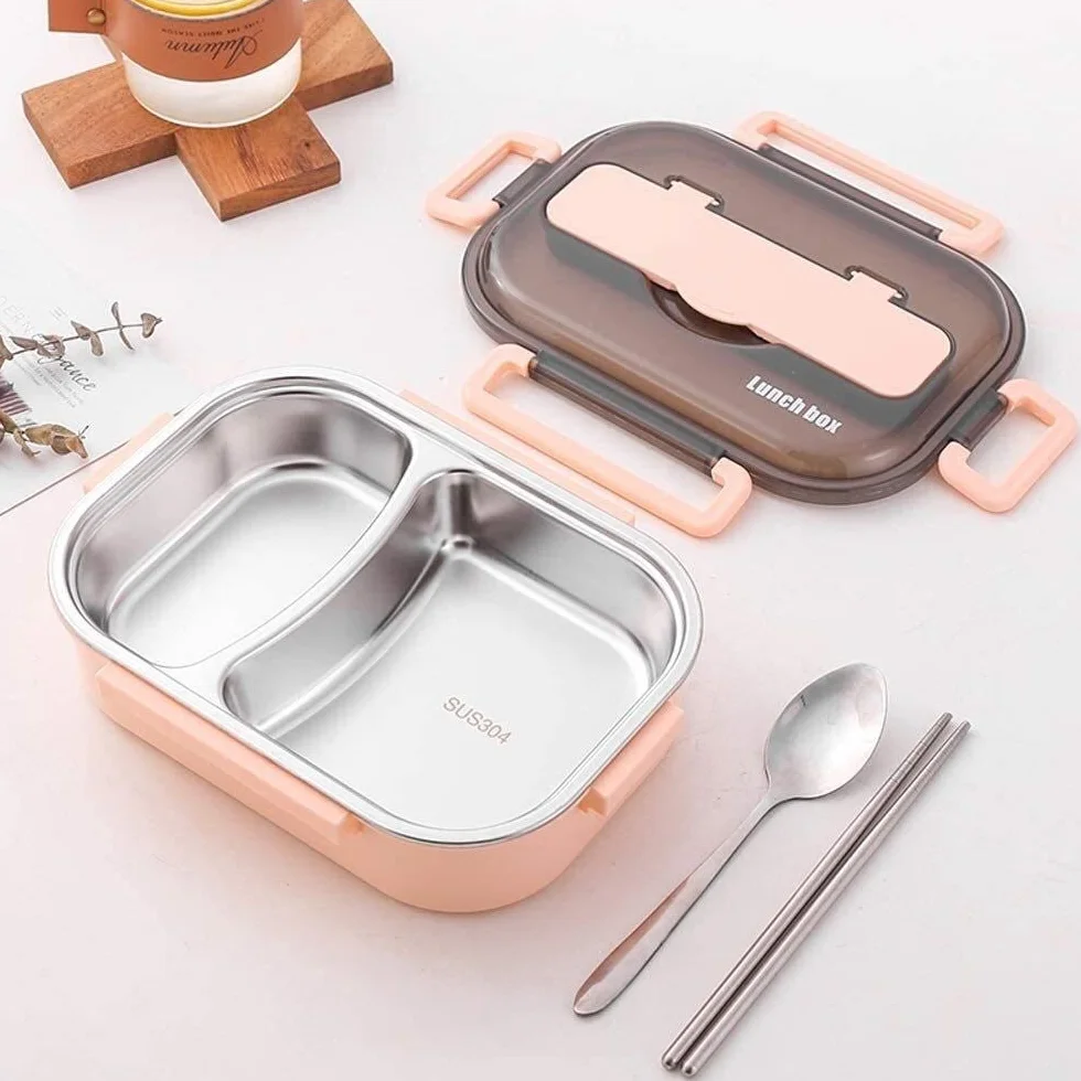 Fiambrera Bento Box de 2 compartimentos, contenedor almacenamiento hermético acero inoxidable, apto para(Pink)