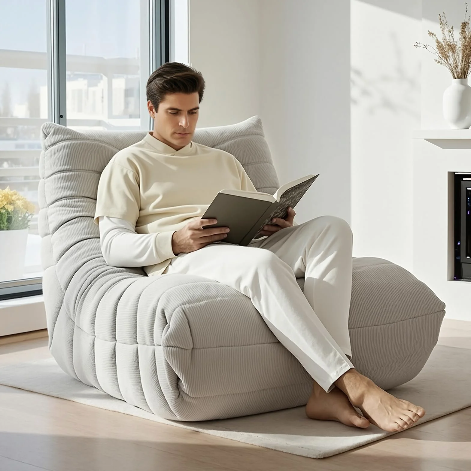 Puf de Espuma de Alta Densidad para sofá, sofá de Suelo de Chenilla con Respaldo, sillón de Lectura para Interiores, Perezoso para salón y Dormitorio (Beigewhite)