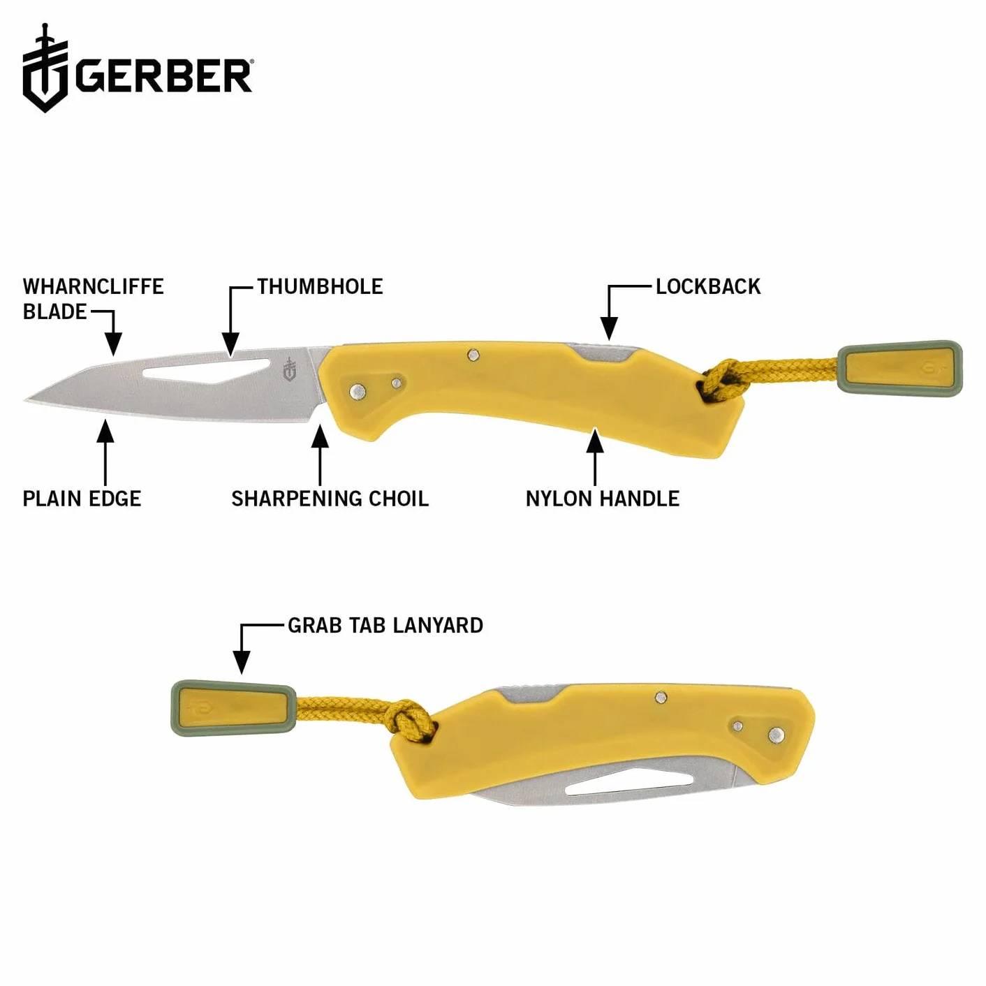 Gerber Navaja de bolsillo con cordón, LST Mini, hoja de acero inoxidable 440A Wharncliffe, escamas del mango de nylon reforzado con fibra de vidrio, longitud de la hoja: 4,8 cm, amarillo, 1074532