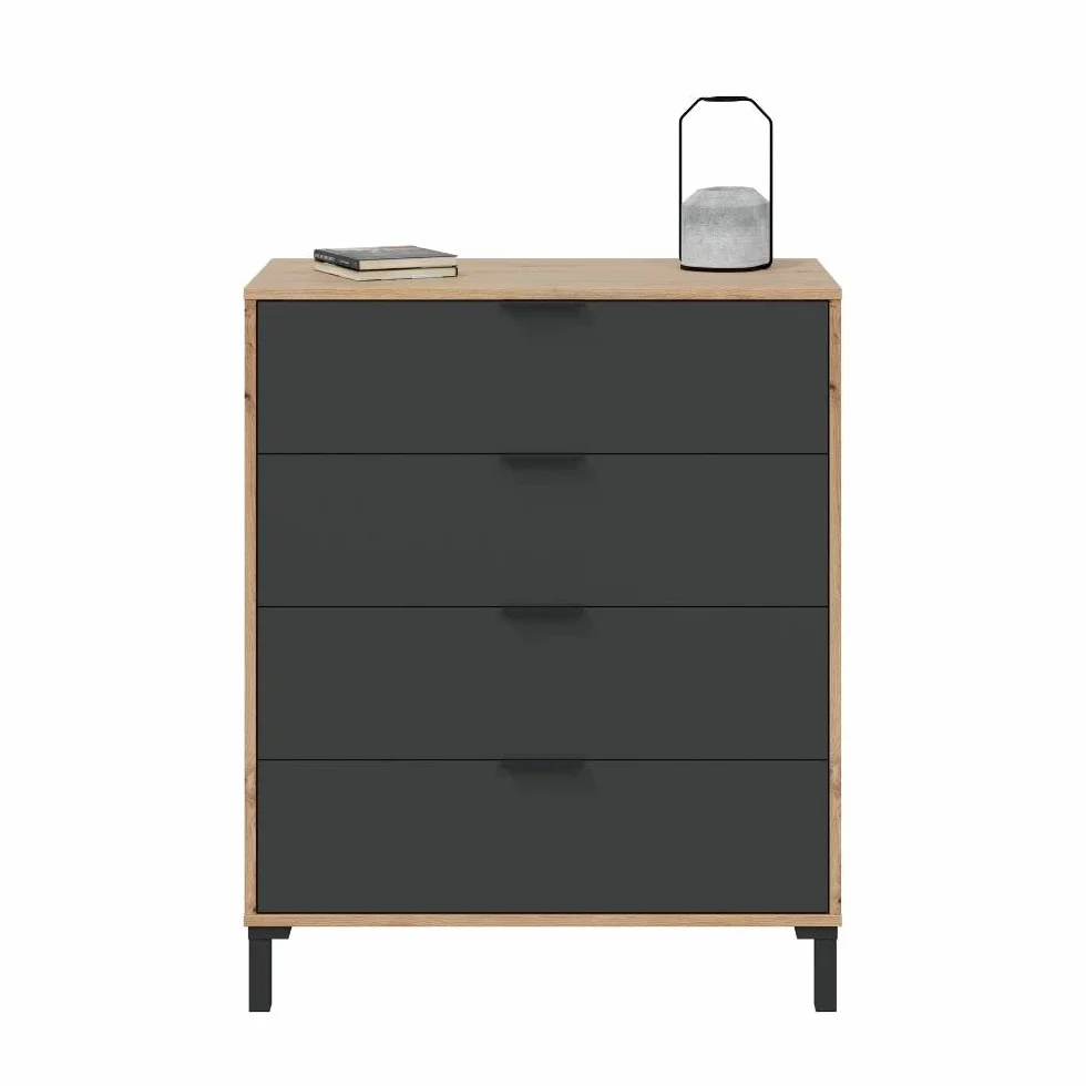 Mobelcenter, Conjunto Dormitorio Matrimonio Enzo, Color Roble Nodi y Gris Antracita, Cabezal para Camas de 135 y 150 cm, 2 Mesitas 3 cajones y Cómoda 4 cajones (1327, 1328)