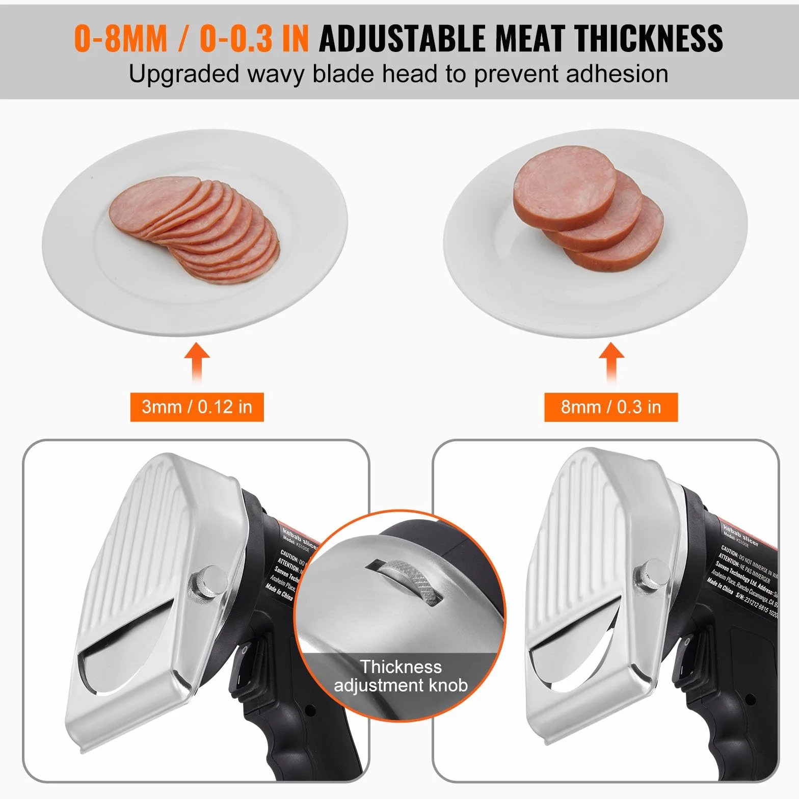VEVOR Cuchillo Kebab Eléctrico 80 W, Shawarma Döner Kebab Cortador de Carne Turco Comercial de Acero Inoxidable, con 2 Cuchillas Diámetro 100 mm, Grosor Ajustable 0-8 mm, para Restaurante, Snack-Bar