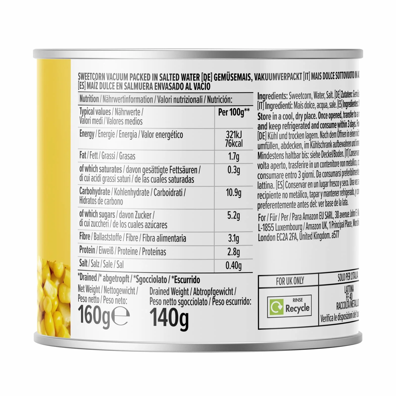 Amazon Maiz Dulce En Salmuera, 3x 160g