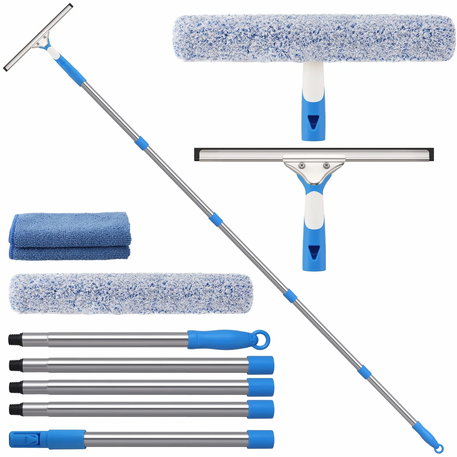 Mitclear Limpiacristales con Mango Extensible(196cm), Limpiador de Ventanas con Escobilla de Silicona & Paños de Microfibra, Kit de Limpieza de Cristales para Espejos Azulejos Coche Ducha Cristal