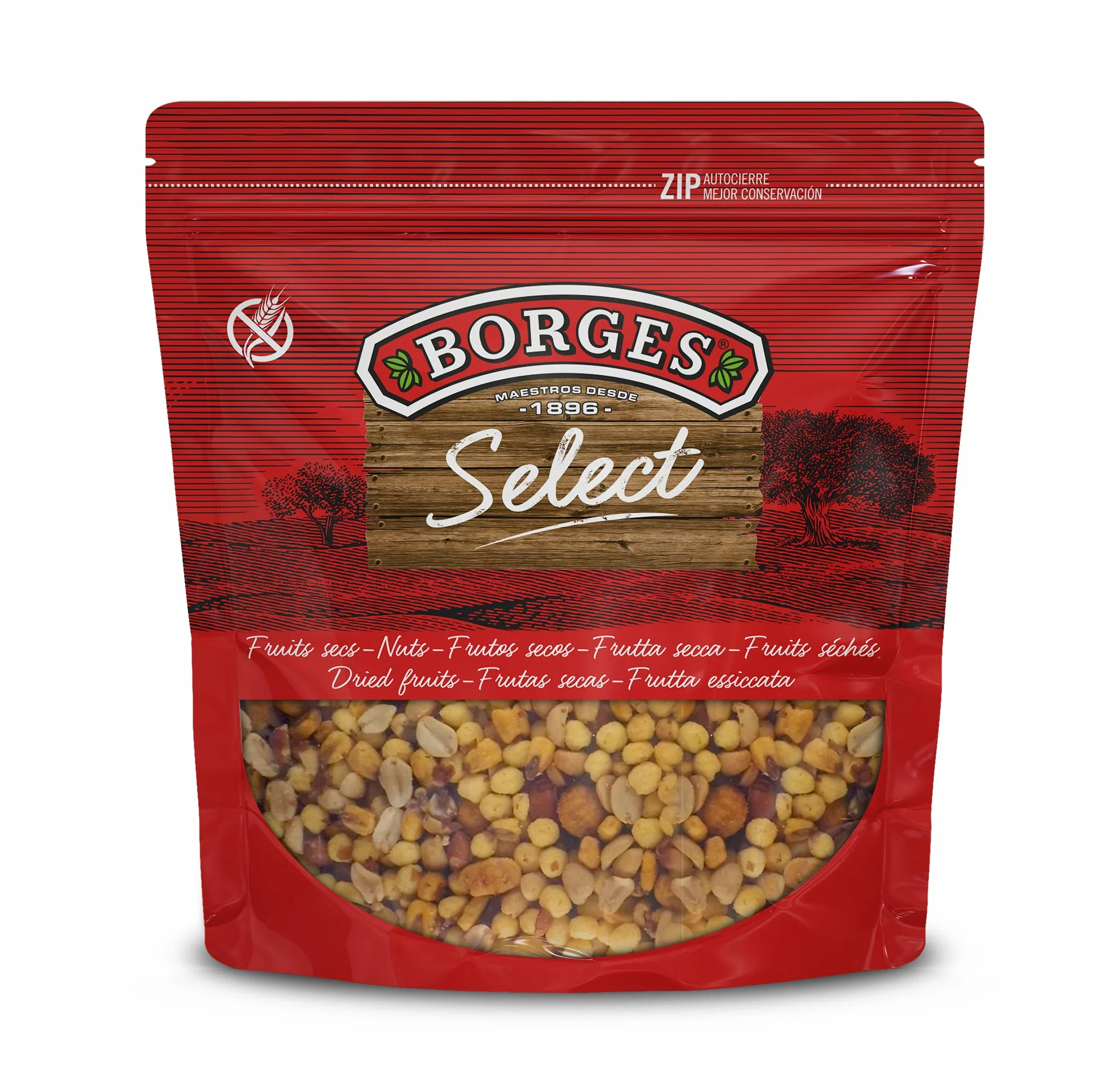 Borges Mezcla de Frutos Secos Fritos Sabor Barbacoa Cacahuetes Maíz Habas Garbanzos Tostados Sin Gluten Vegano 1 Kg