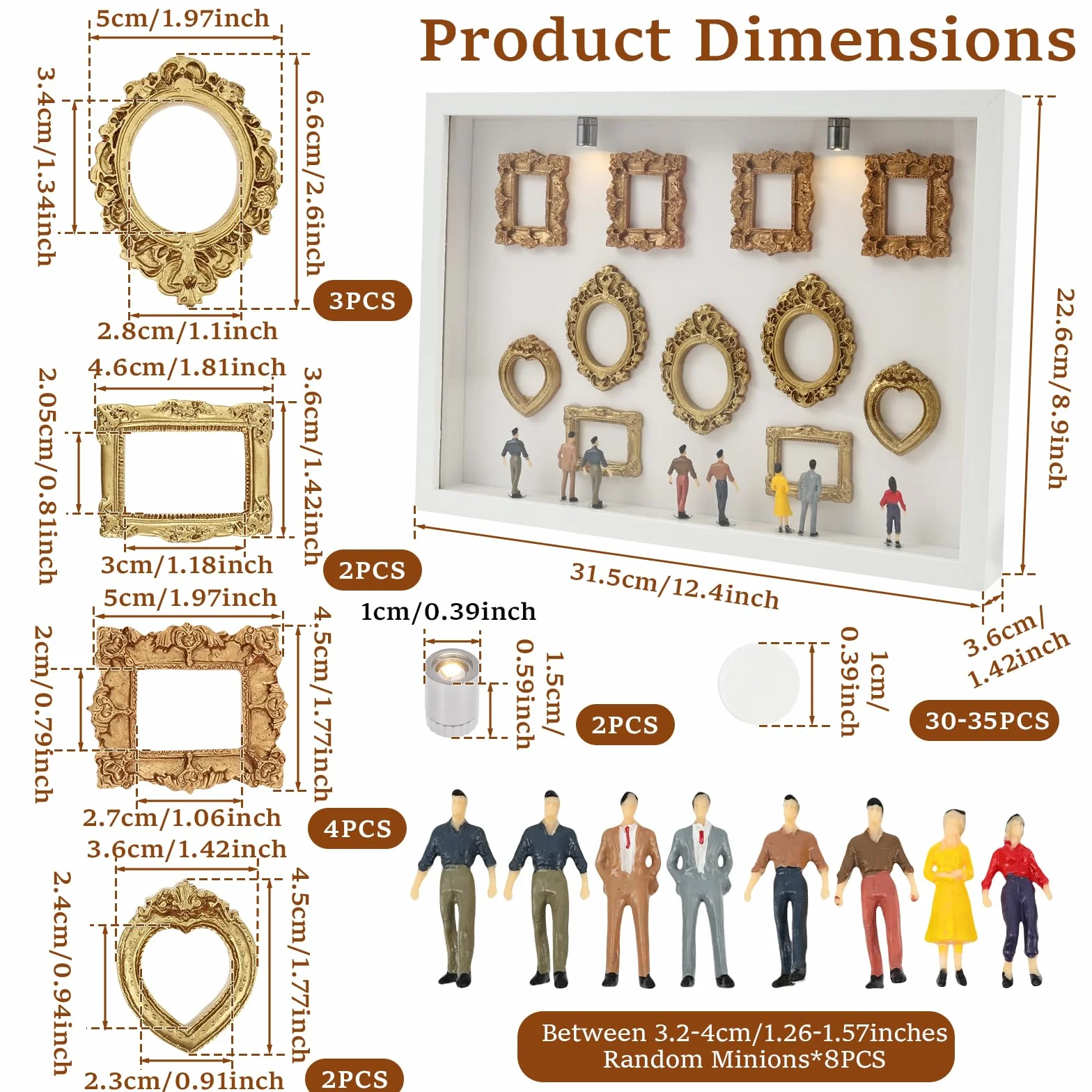 DIY Mini Museum Silhouette Box,Museum of Us DIY,Shadow Box,Miniatur Bilderrahmen,Foto Erinneranzeige Set mit 8/11 Mini Bilderrahmen Gold,8 Zufällig Figuren und 2 Lampen,für Jubiläg,Geschenk