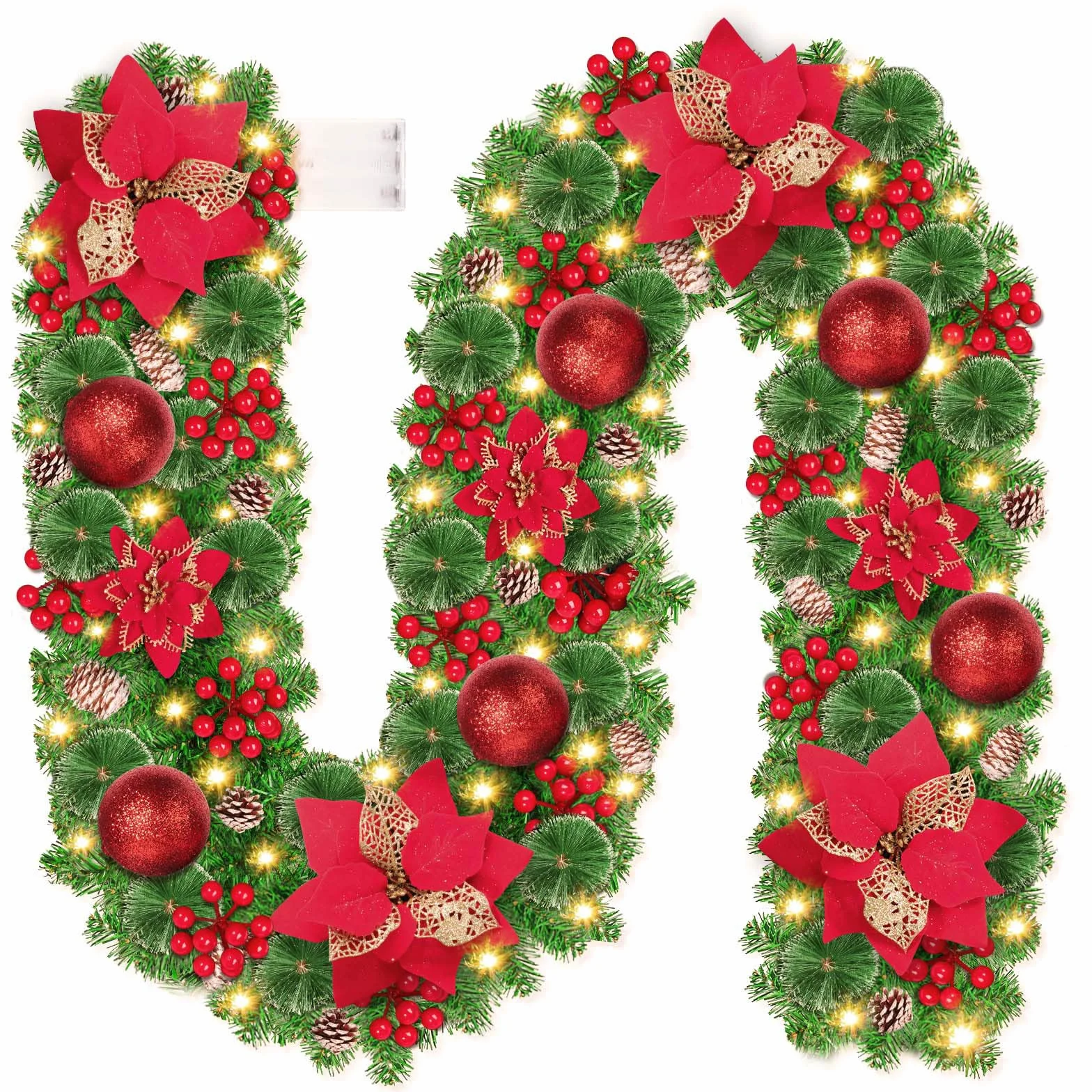 Guirnalda de Navidad con Luces LED, 2,7 m (9 pies) Corona de Navidad Artificial con Luces, Corona de Navidad de Iluminación, para chimeneas, escaleras, Adorno de Navidad (Rojo)