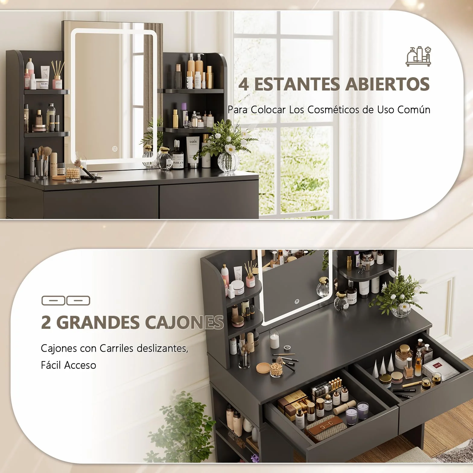TRIUMPHKEY Tocador de Maquillaje con Espejo LED Regulable, Mesa de Maquillaje con 2 Cajones y Taburete, 90x40x135 cm, Negro