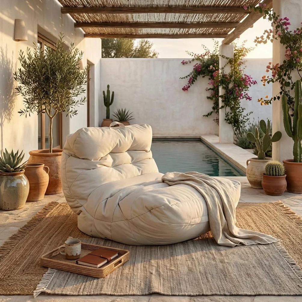 Aiire Puff Exterior Jardín Moderno - Sillón Puf XXL con Relleno Incluido de Diseño Terraza o Piscina - Outdoor Bean Bag Chair Gris Claro