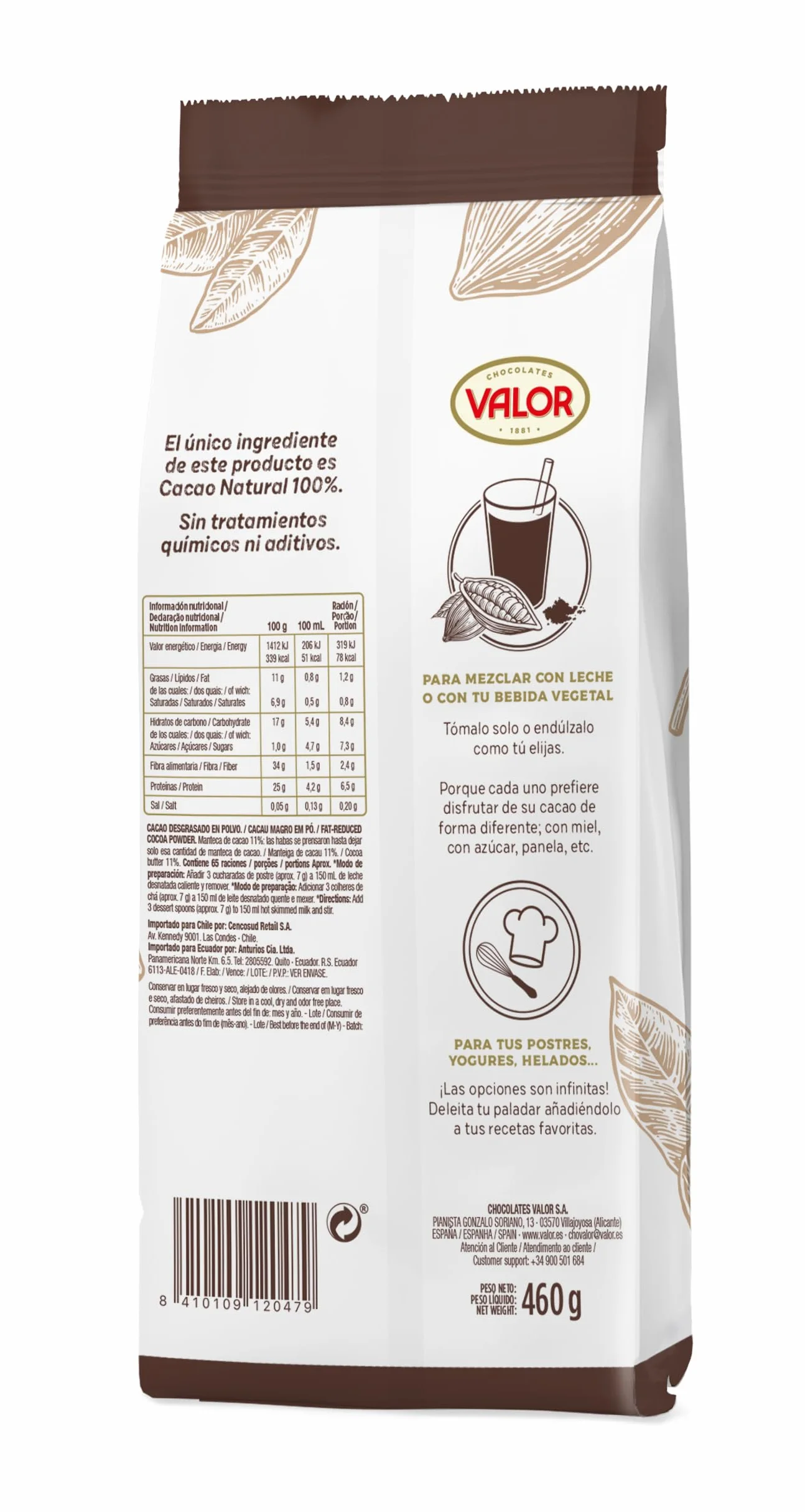 Valor Cacao Soluble Puro 100% Natural Sin Gluten 460 Gramos