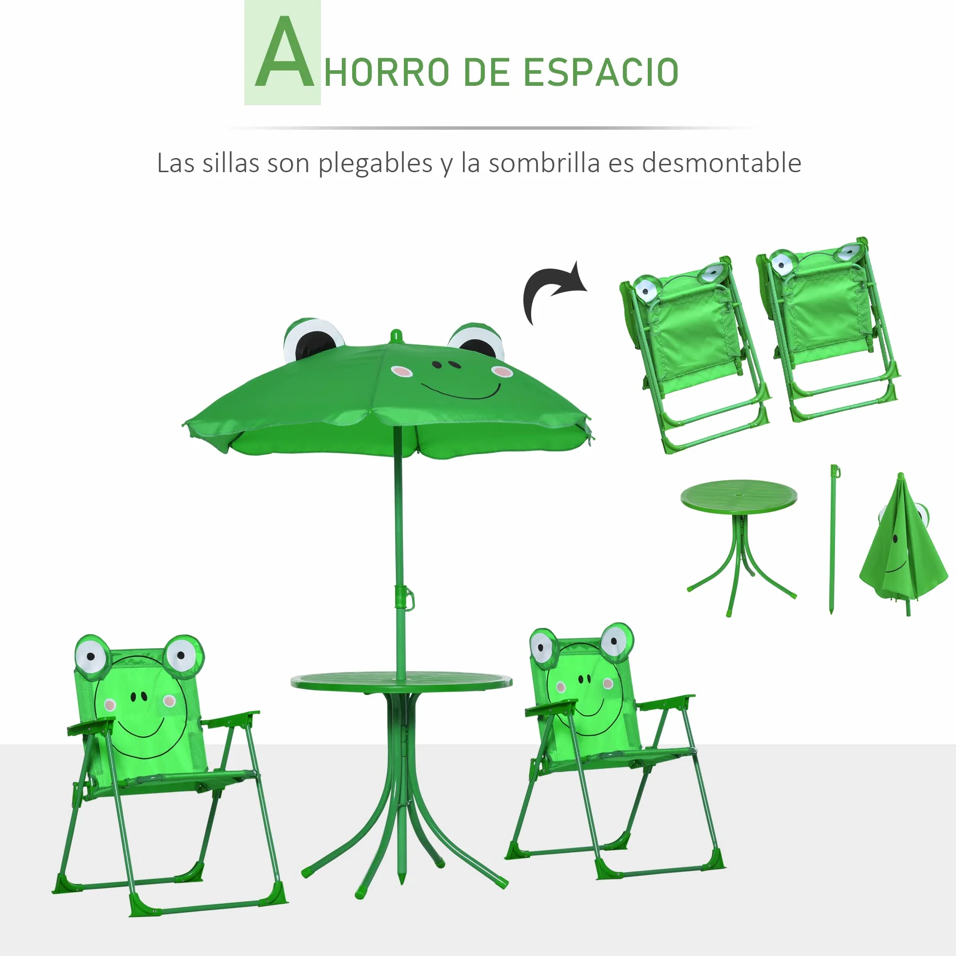 Outsunny Set de Mesa y Sillas Infantil de Jardín Plegable con Sombrilla Ajustable 100-125 cm Verde