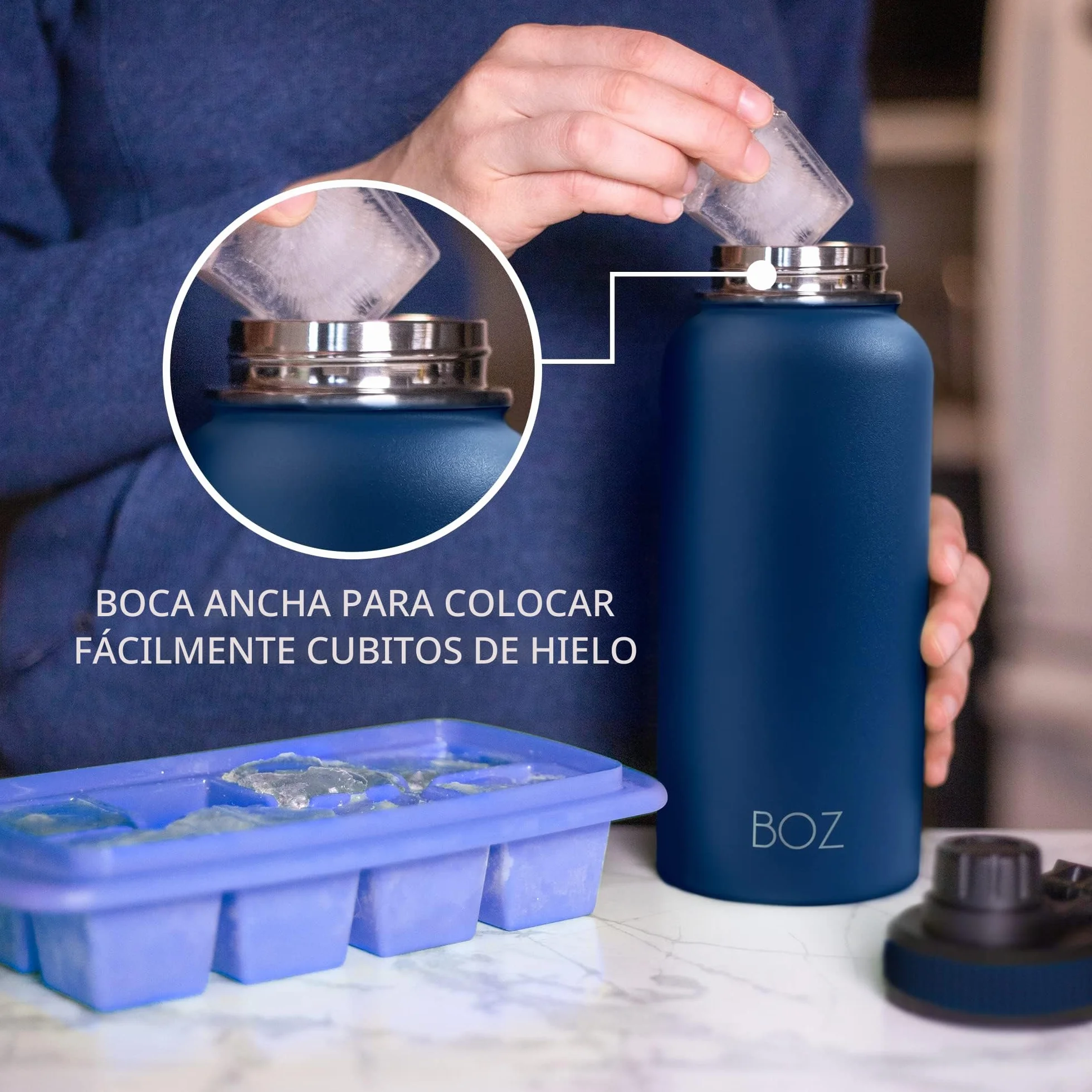 BOZ Botella Agua Acero Inoxidable de 1l, Botella Térmica 1 Litro con Aislamiento de Doble Pared, Termo Agua Fría y Caliente de Boca Ancha Sin BPA, Botella Isotérmica Antiderrame Color Azul Oscuro