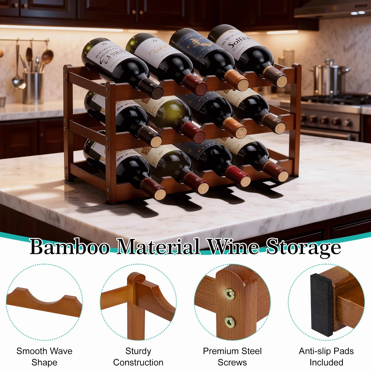 Fentar Vinoteca 12 Botellas, Botellero Vino de 3 Niveles, Botellero Apilable Estable, Botelleros Madera Estrechos para Cocina Bar Cellar (43 x 23,5 x 25cm)
