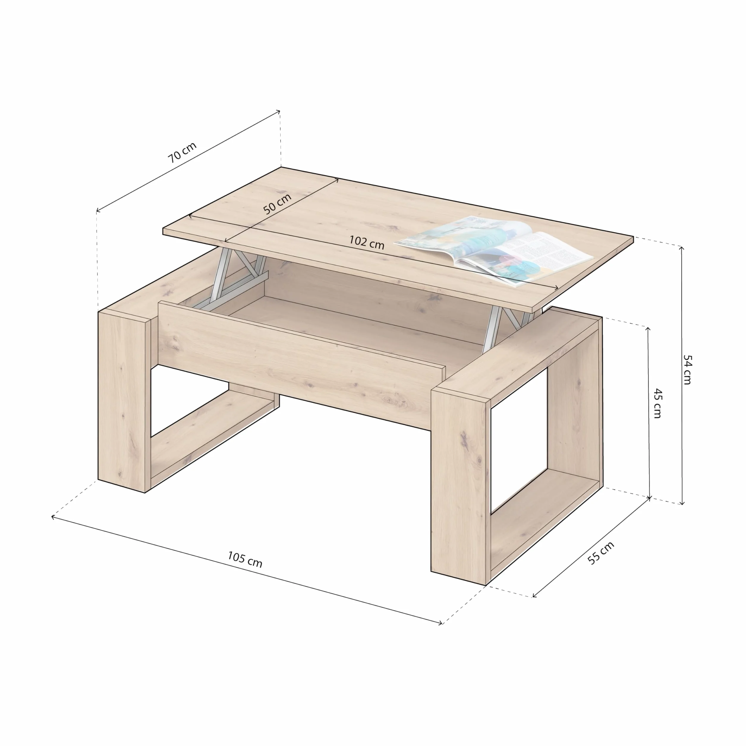 duehome | Mesa de Centro elevable, Mesita para Salon, Mesa Auxiliar, Modelo Neo, Acabado en Color Roble Nodi, Medidas: 105 cm (Largo) x 55 cm (Ancho) x 45-54 cm (Alto)