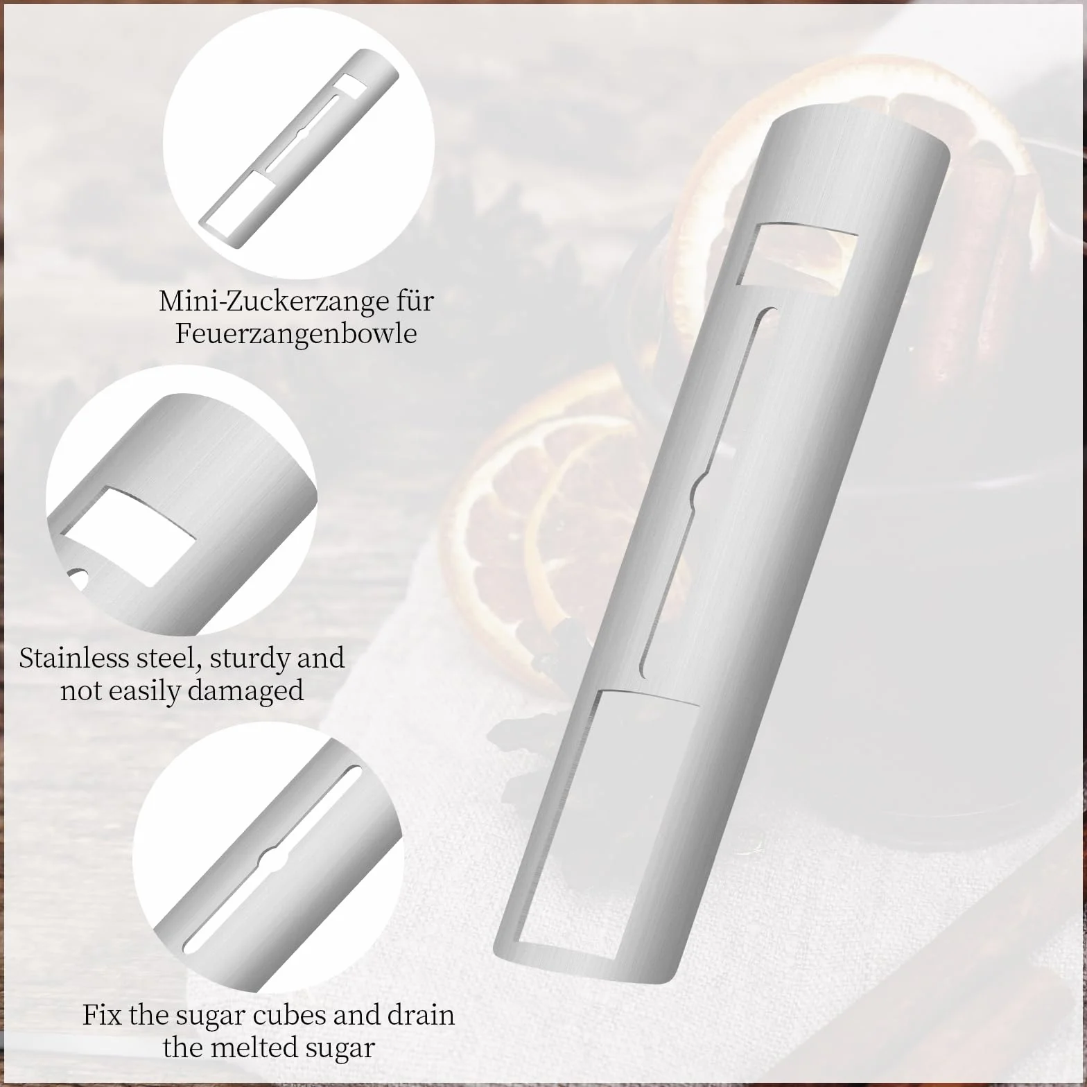 Juego de 4 pinzas para azúcar para Feuerzangenbowle mini pinzas para fuego de acero inoxidable 3,5 x 14 cm para vino caliente, mini panes de azúcar, azúcar y ron