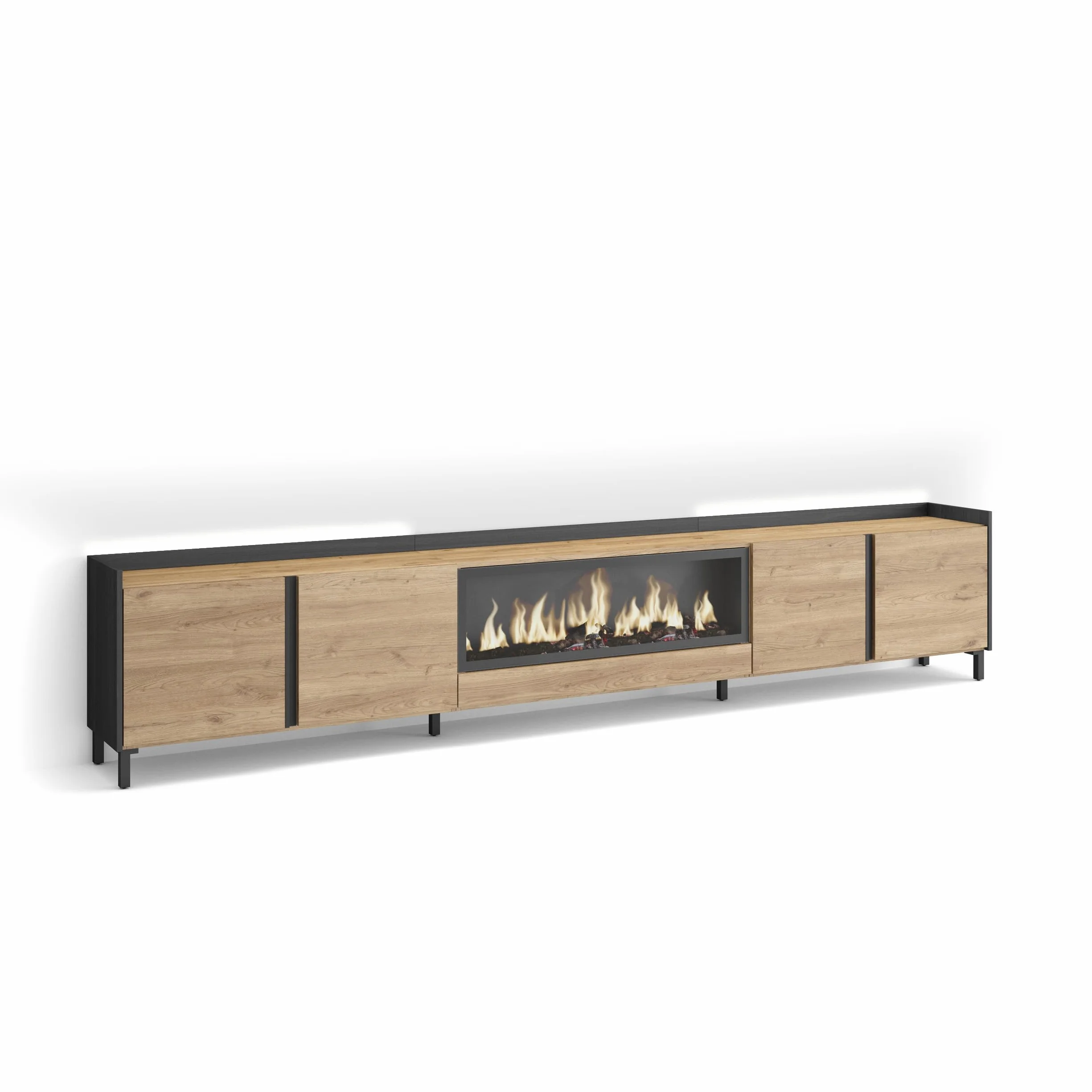 Skraut Home | Mueble TV | Muebles de salón, almacenaje | 315x61x35 cm | para televisión hasta 80" | Chimenea eléctrica XXL | Diseño Industrial | LED | Estilo Moderno | Roble y Negro