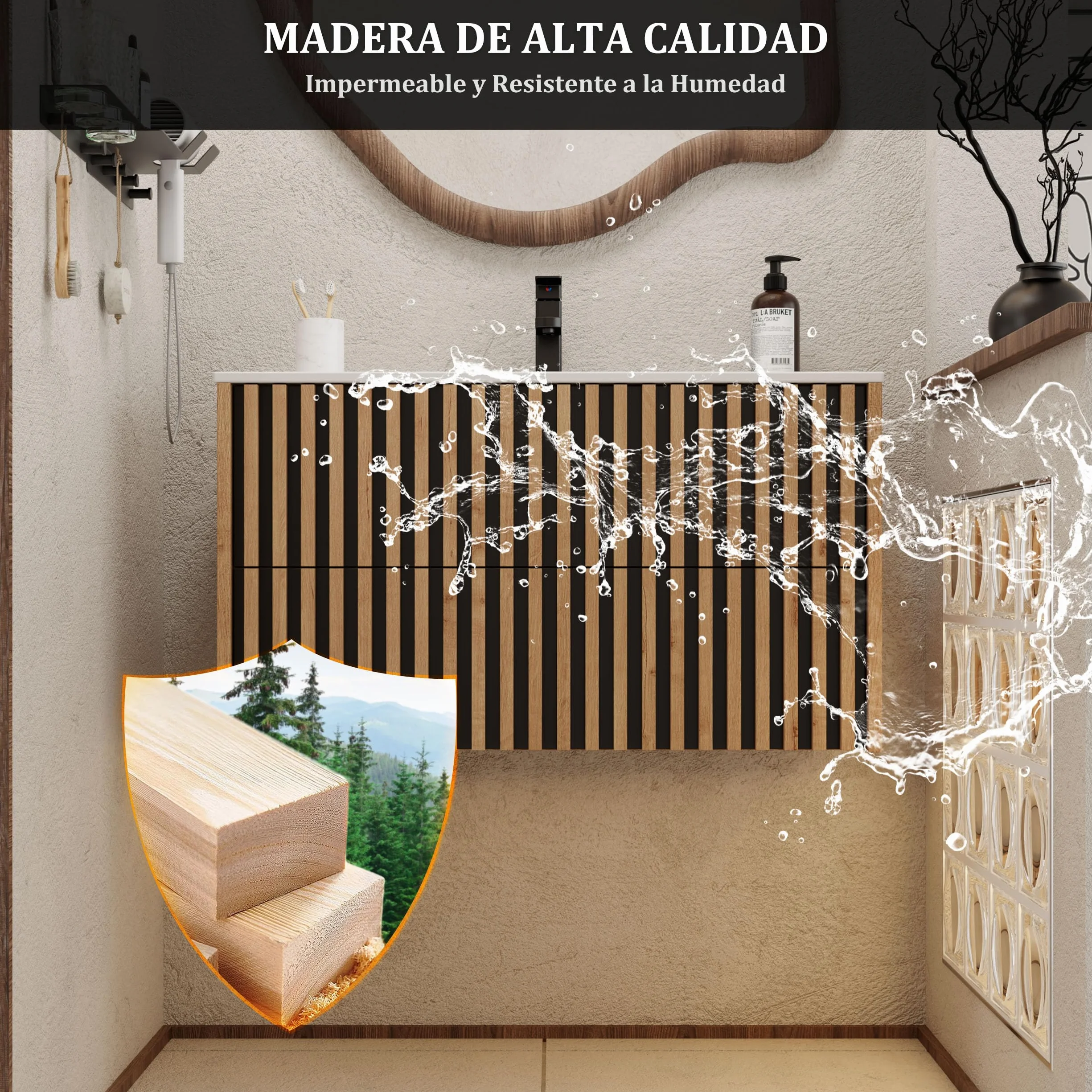 UEV 90CM Mueble de Baño Suspendido con Lavabo de Cerámica, Mueble Lavabo Incluido con 2 Cajones para Almacenaje, Moderno y Práctico, Natural