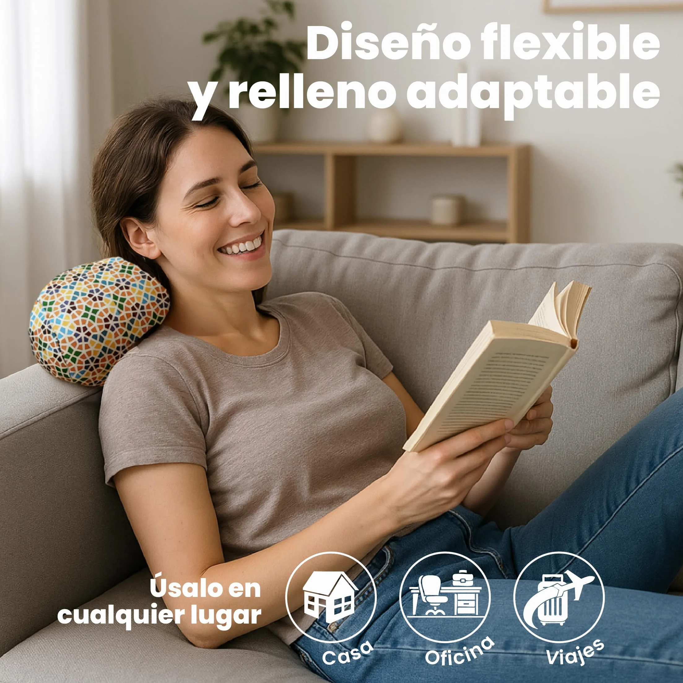 Cojín Redondo Anti-Estrés Relax 35x15 cm Alivio Cervicales Lumbares Relleno Bolitas Lycra Lavable