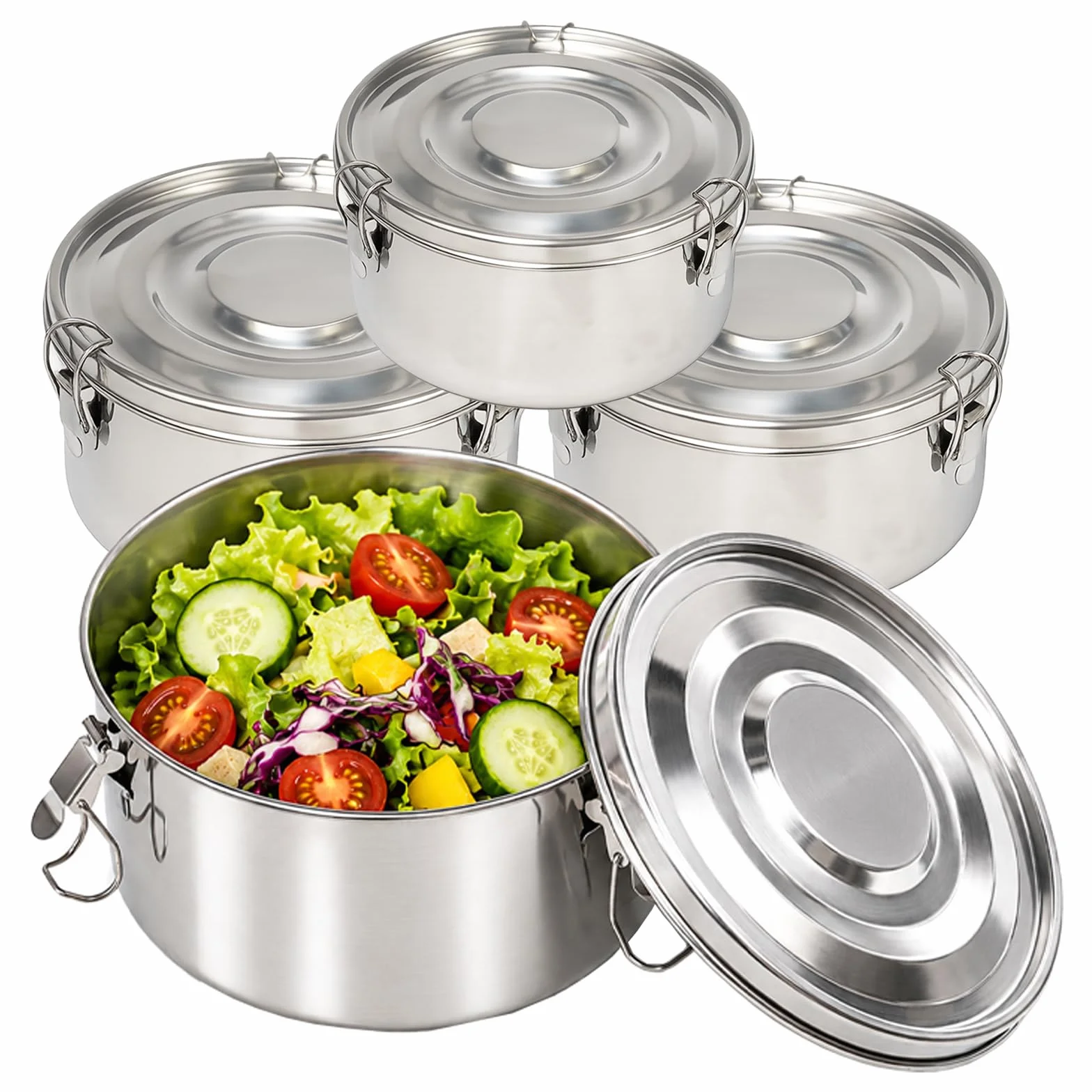 4 Piezas Ronda Fiambrera de Acero Inoxidable con Tapa Bento Box | para Comida Trabajo Escuela Picnic,660ml+1040ml+1590ml+2200ml,Lunch Box Stainless Steel,Lonchera Metalica Sellada Hermetica
