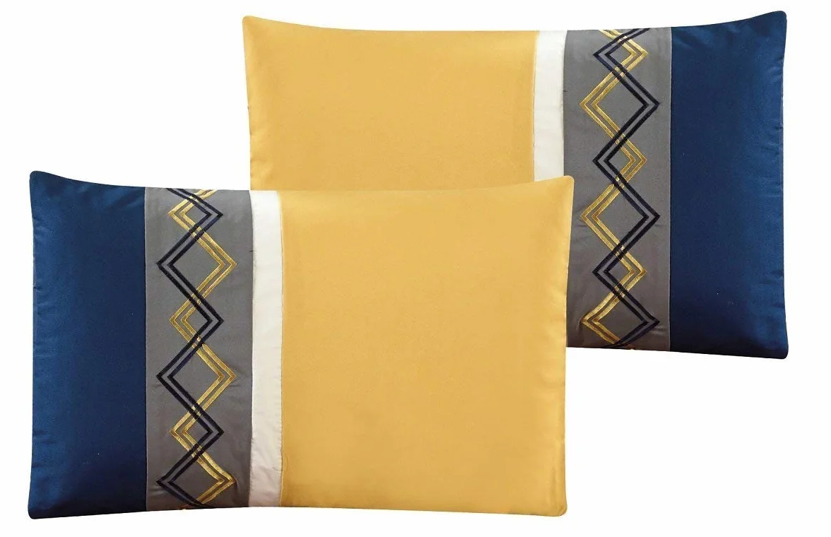 Chezmoi Collection Arden - Juego de Ropa de Cama, edredón Moderno Plisado a Rayas Bordadas en Zigzag de 7 Piezas (Matrimonio, Azul Marino/Gris/Amarillo/Blanco)