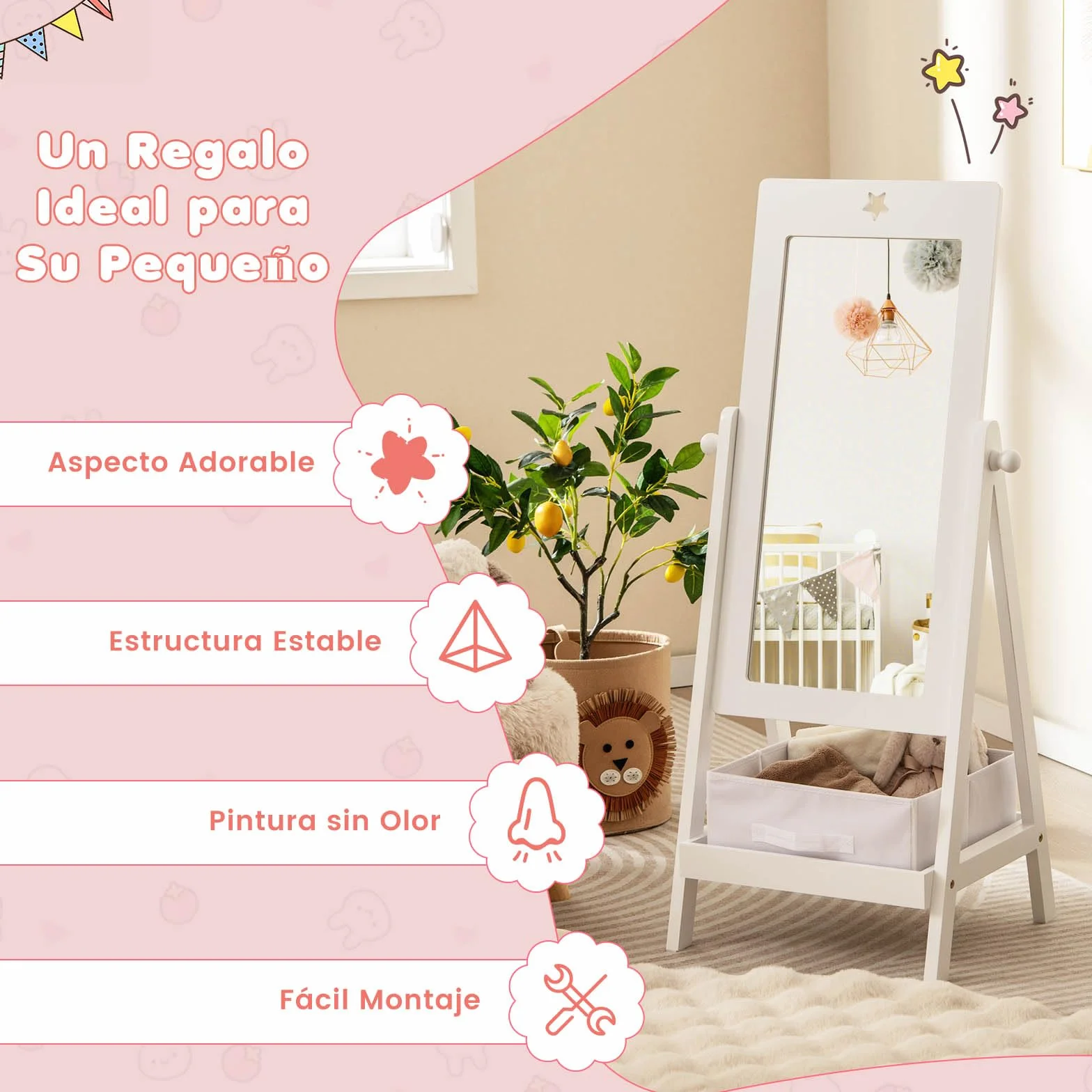 GOPLUS Espejo de Cuerpo Entero para Niños con Ángulo Ajustable, Estante de Almacenamiento y Contenedor de Tela, Pie para Dormitorio Infantil
