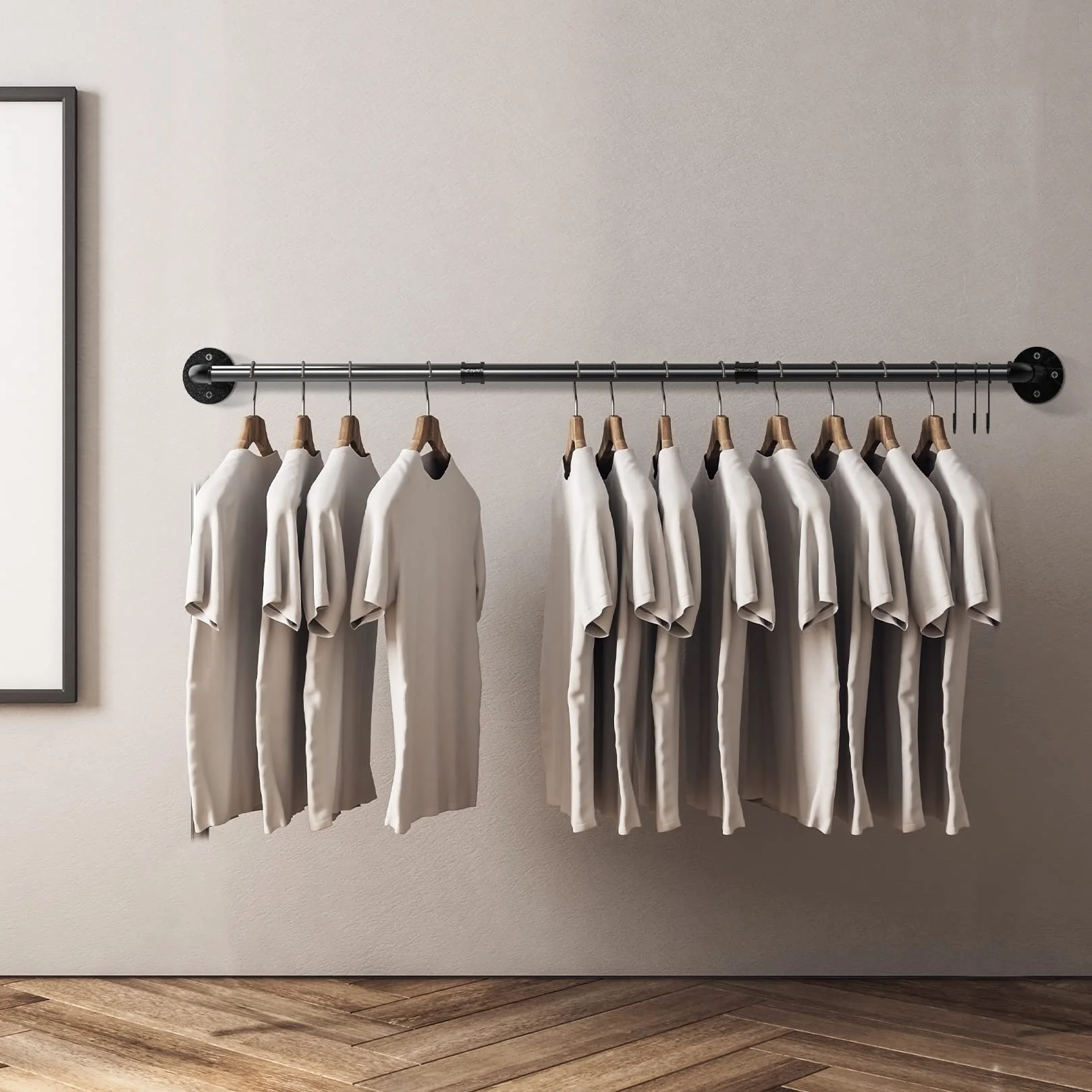 unho Perchero de Pared Industrial, Barra Perchero de Tubo Vintage Desmontable de Longitud Ajustable 90-180cm Carga hasta 30kg (Negro)