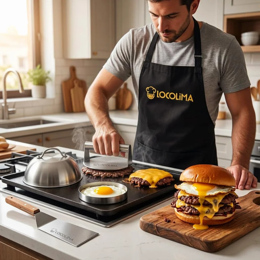 Smash Burger Kit 5 Piezas Prensa Hamburguesas Acero Inoxidable Espátula Campana Fundir