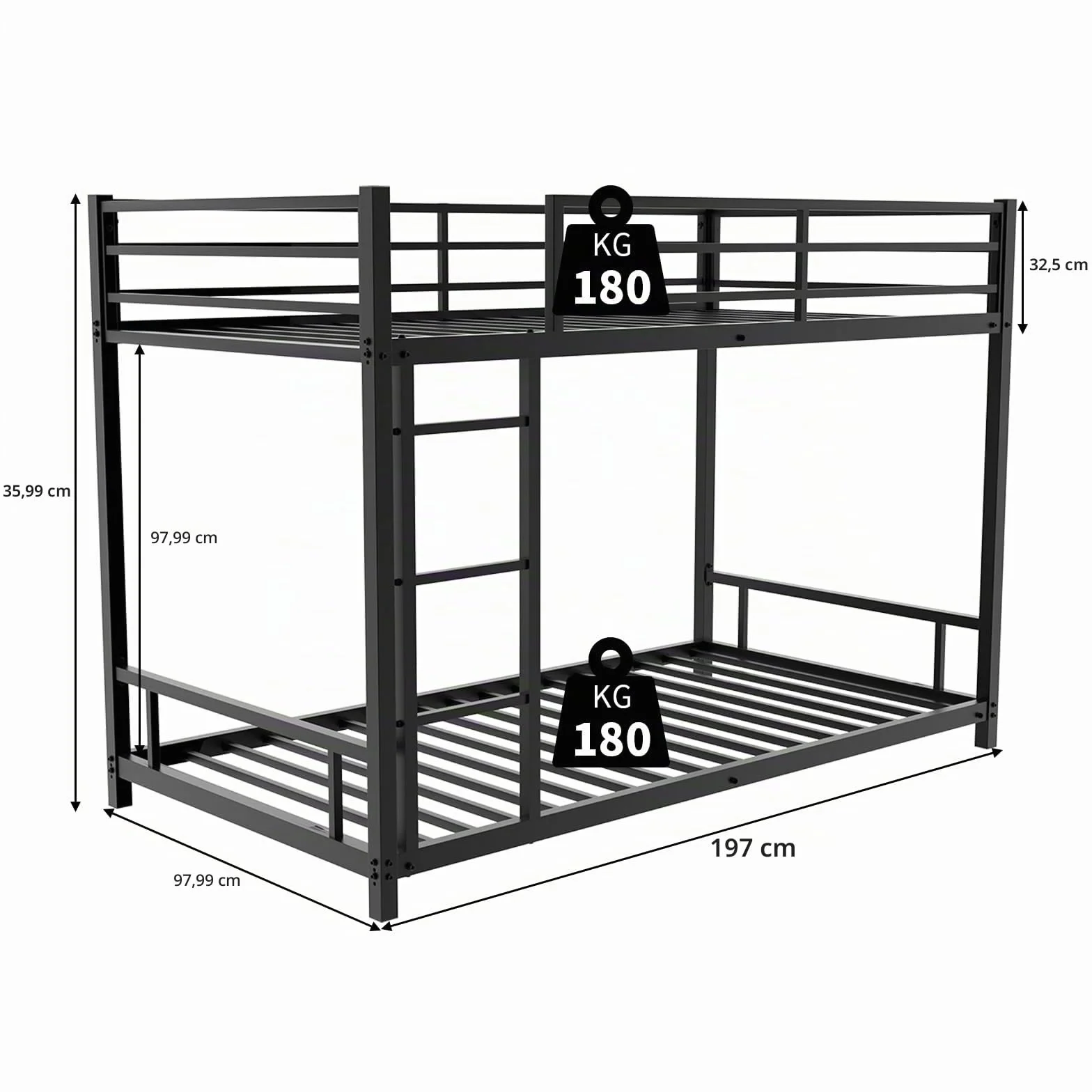Lubvtti Litera para niños/adolescentes/adultos, cama para niños de 90 x 190 cm, de metal, con escalera y barandilla (C-negro)
