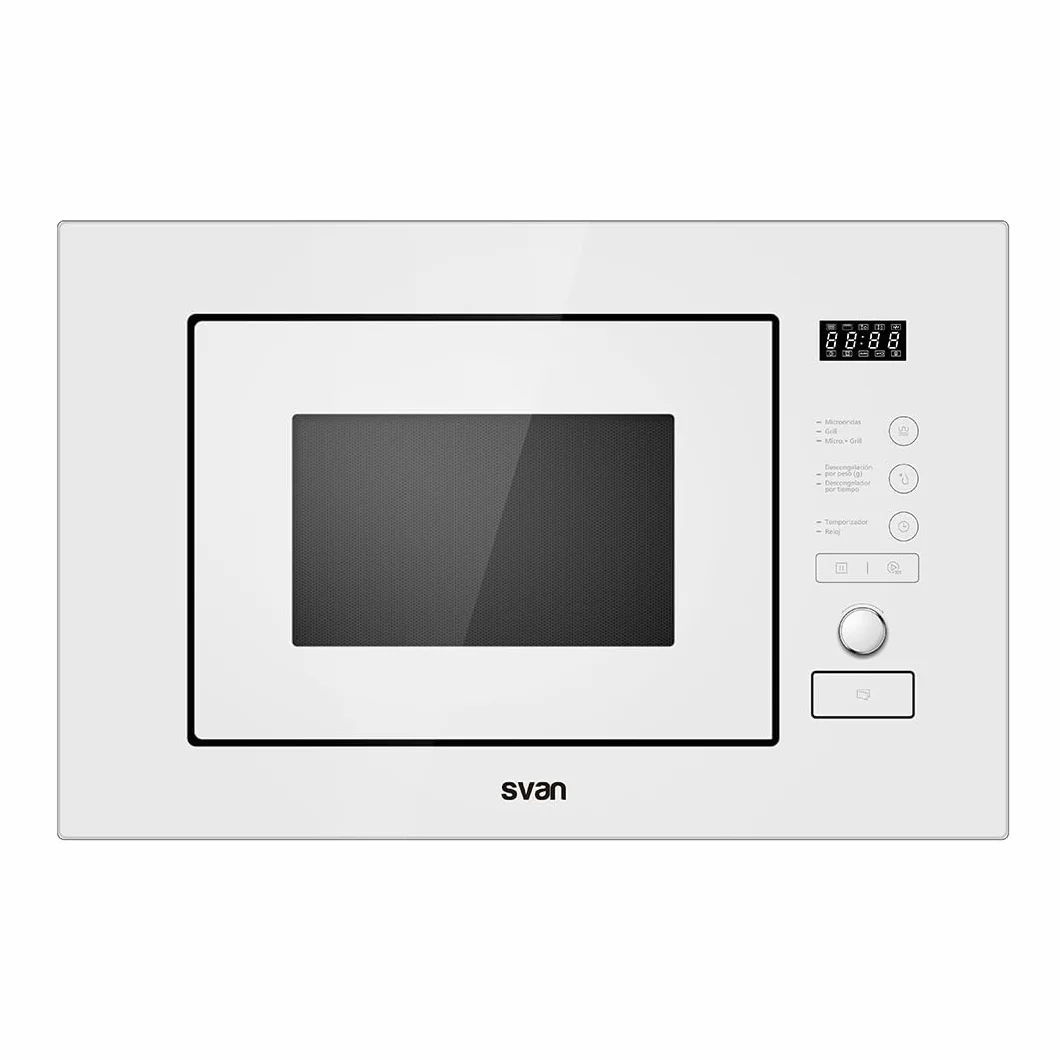 Svan Microondas 20 Litros Integrable con Grill Blanco SMWI2800DGB. 800W, Grill 1000W, 8 Programas, Modo Descongelación, Revestimiento Interior, Fácil Limpieza, Temporizador 95min.