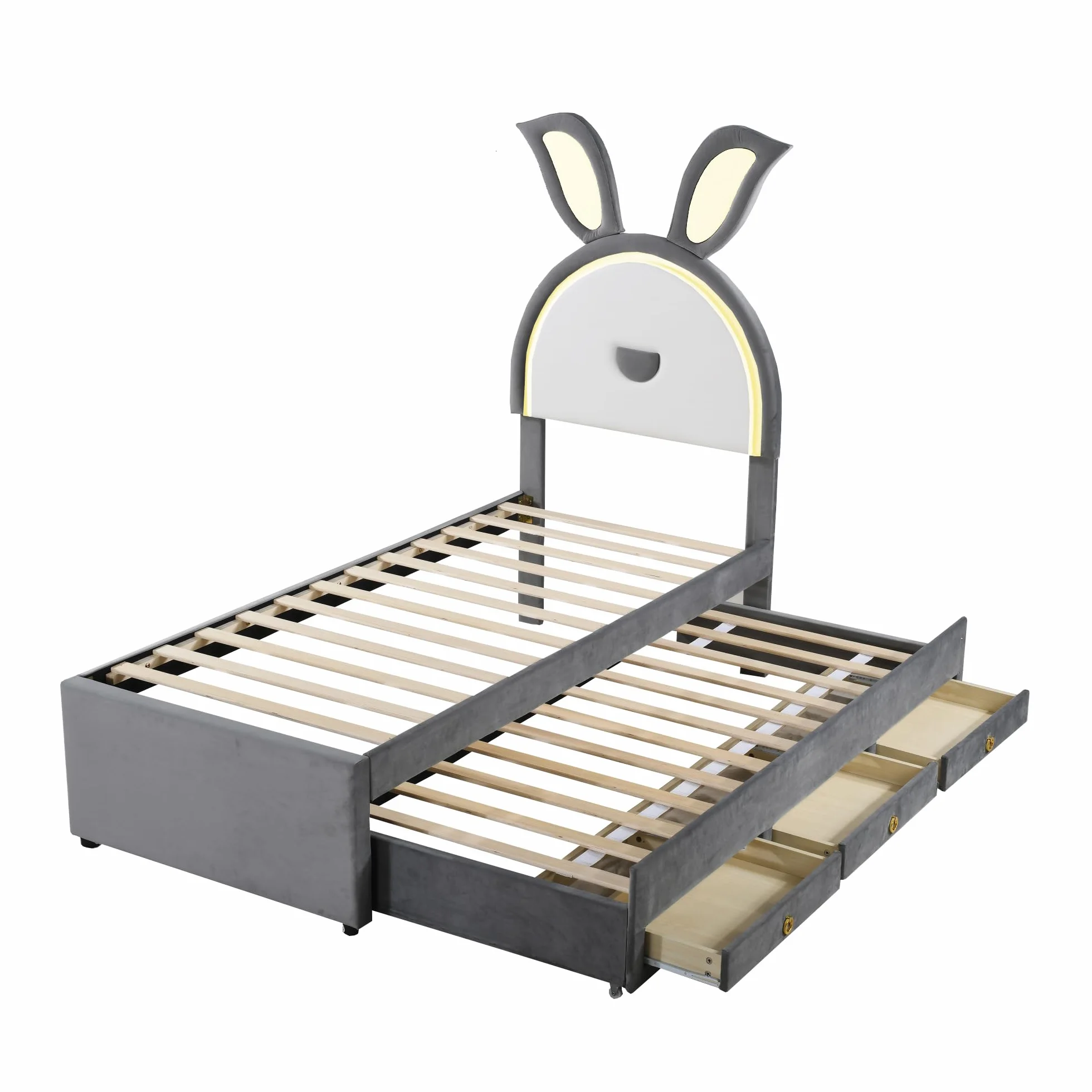 Azkoeesy Cama Infantil tapizada con Cama Nido y 3 cajones, con iluminación LED, diseño de Orejas de Conejo de Dibujos Animados, para 2 niños y niña, Funda de Terciopelo, 90x200 cm + 90x190 cm, Gris