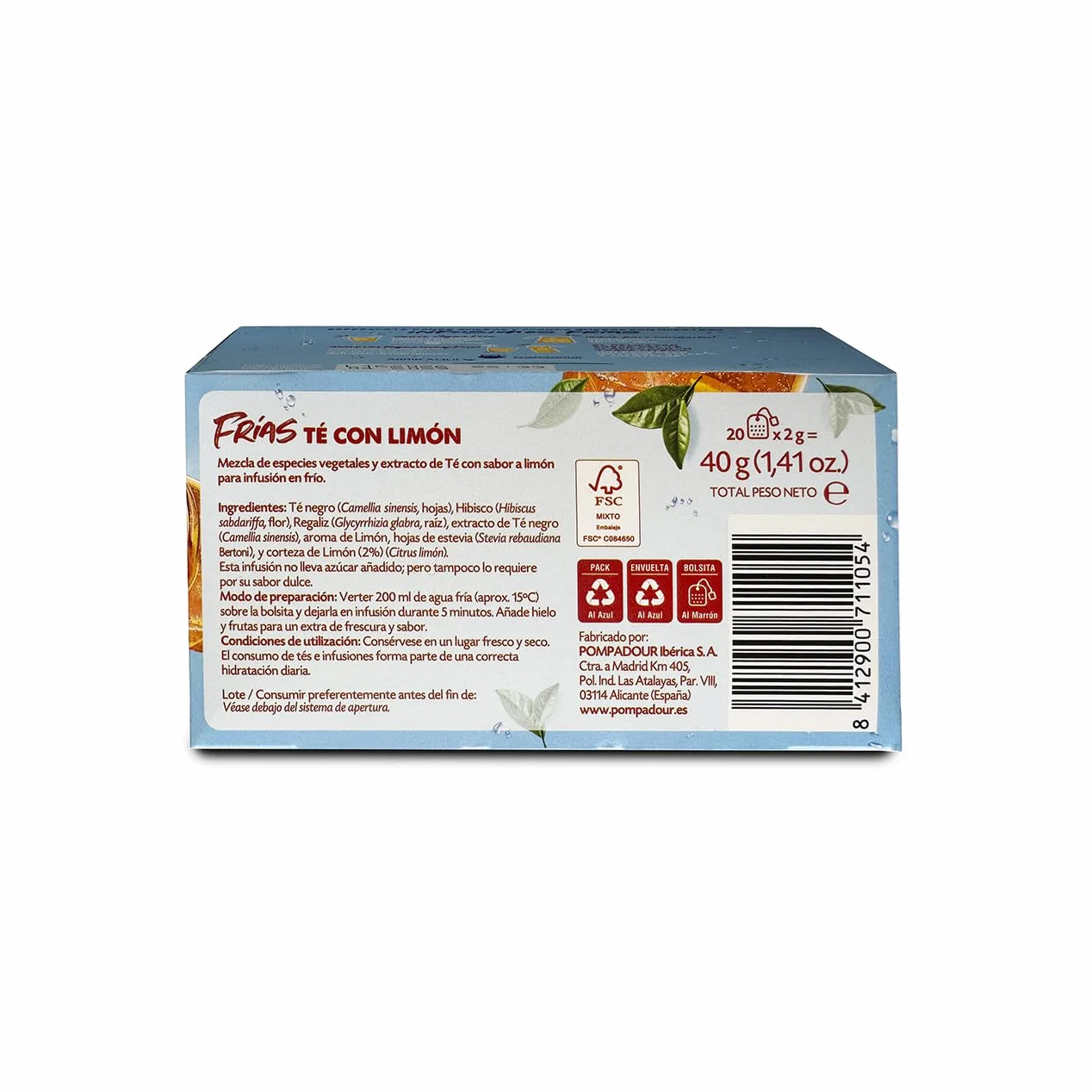 Pompadour Té con Limón sin Azúcares Añadidos 20 Bolsitas