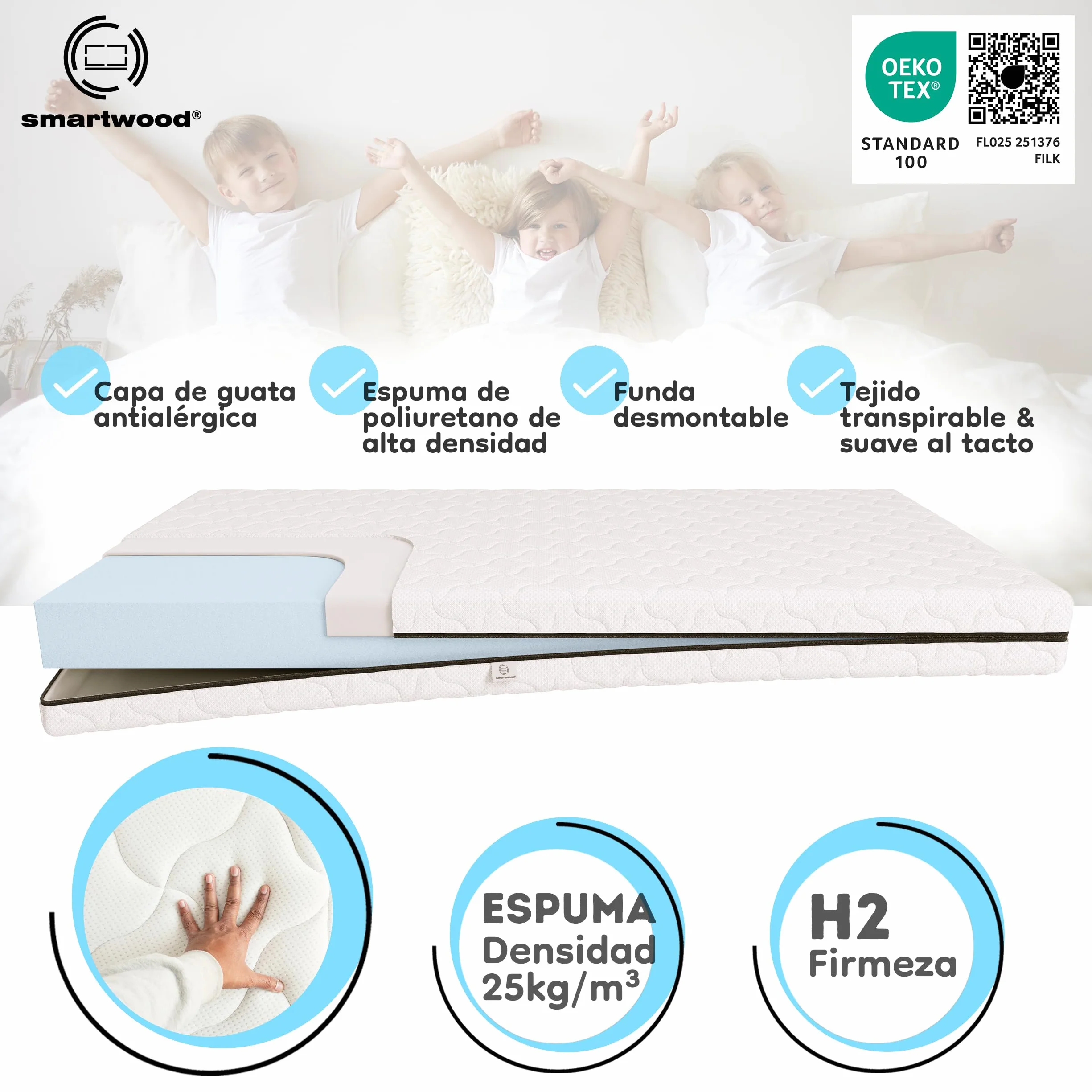 Smartwood Colchón 90x200 12cm Infantil Espuma H2 Oeko-Tex Reversible Funda Transpirable Antialérgica Lavable UE
