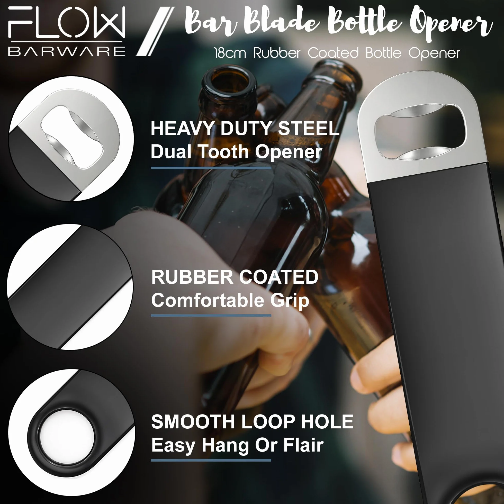 FLOW Barware Abridor de botellas, hoja de barra de 18 cm | Abridor de botellas de cerveza de acero recubierto de goma | Cuchillas de barra profesionales de doble versión | Paquete de 4 unidades negro