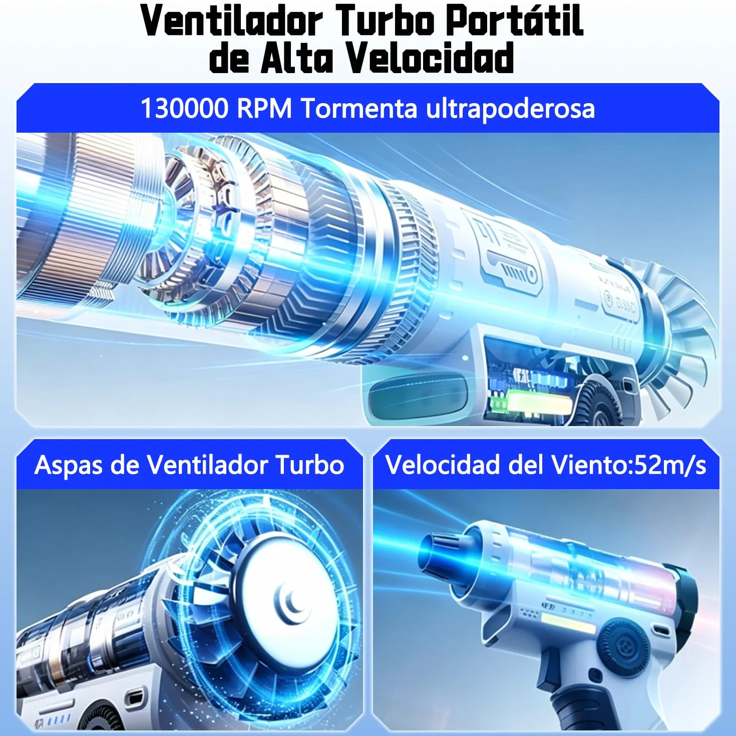 yAyusi Colector de Polvo Eléctrico Recargable,Colector de Polvo Eléctrico de Aire de Alta Potencia de 130000 RPM,con LED,Control de Velocidad Continuo,Adecuado para Exteriores,Hogares y Automóviles