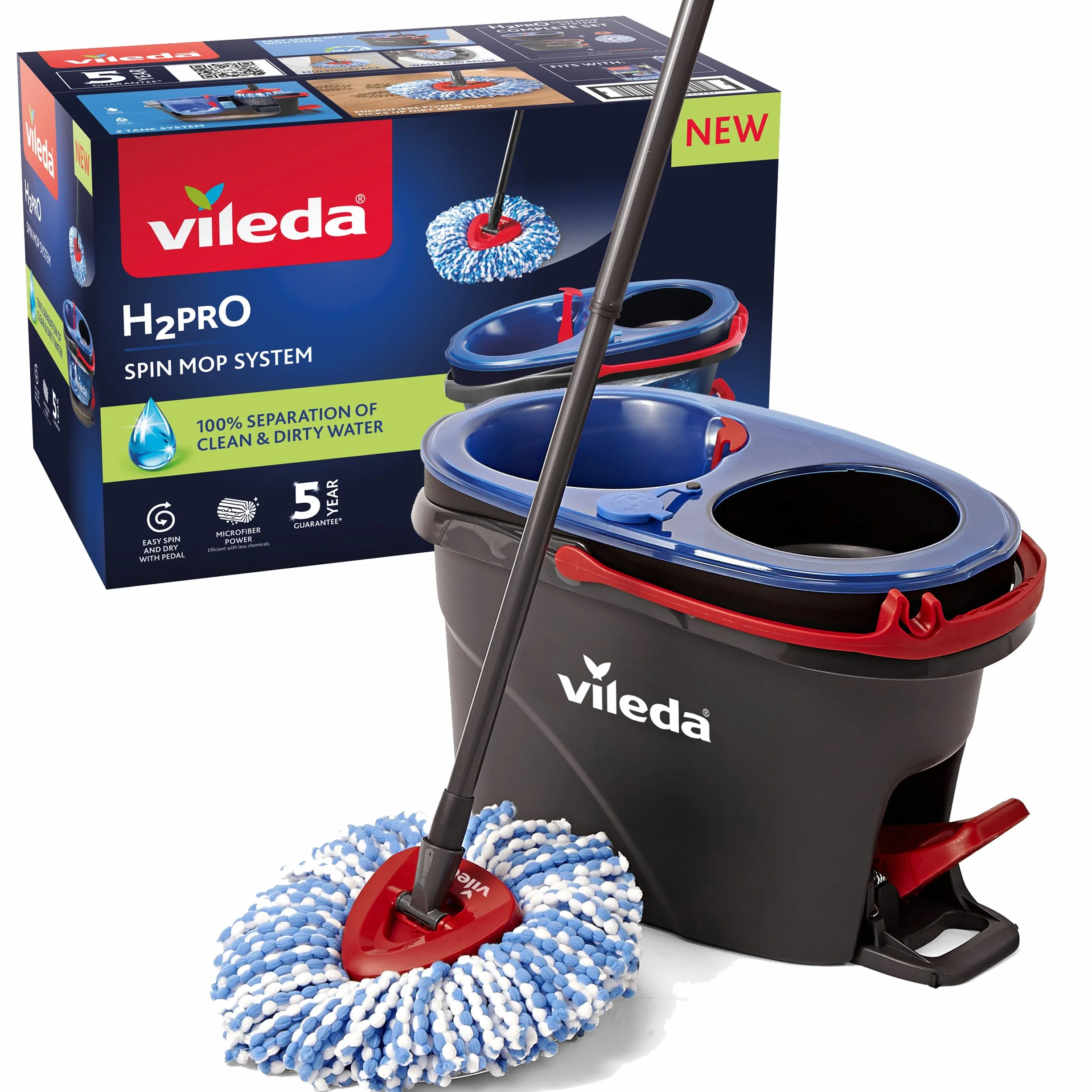 Vileda H2PrO Spin Mop, fregona giratoria con cubo doble depósito y pedal escurridor sin manos
