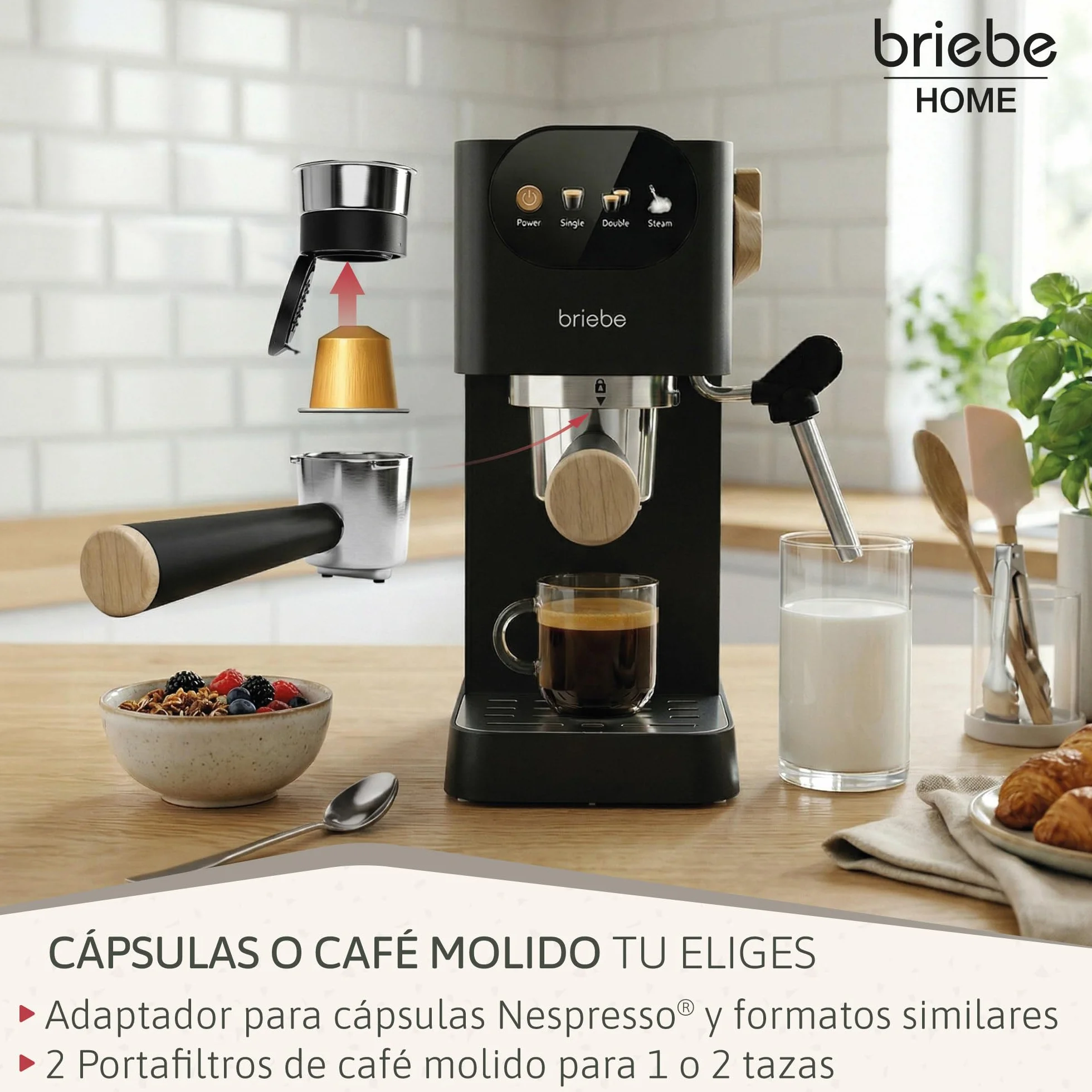 briebe Nordic Cafetera Espresso 20 Bares Compatible Cápsulas Nespresso y Café Molido, Máquina Café Semiautomática Profesional 1350W, Espumador Leche, Pantalla Táctil, 1,2L, Diseño Nórdico, Negro