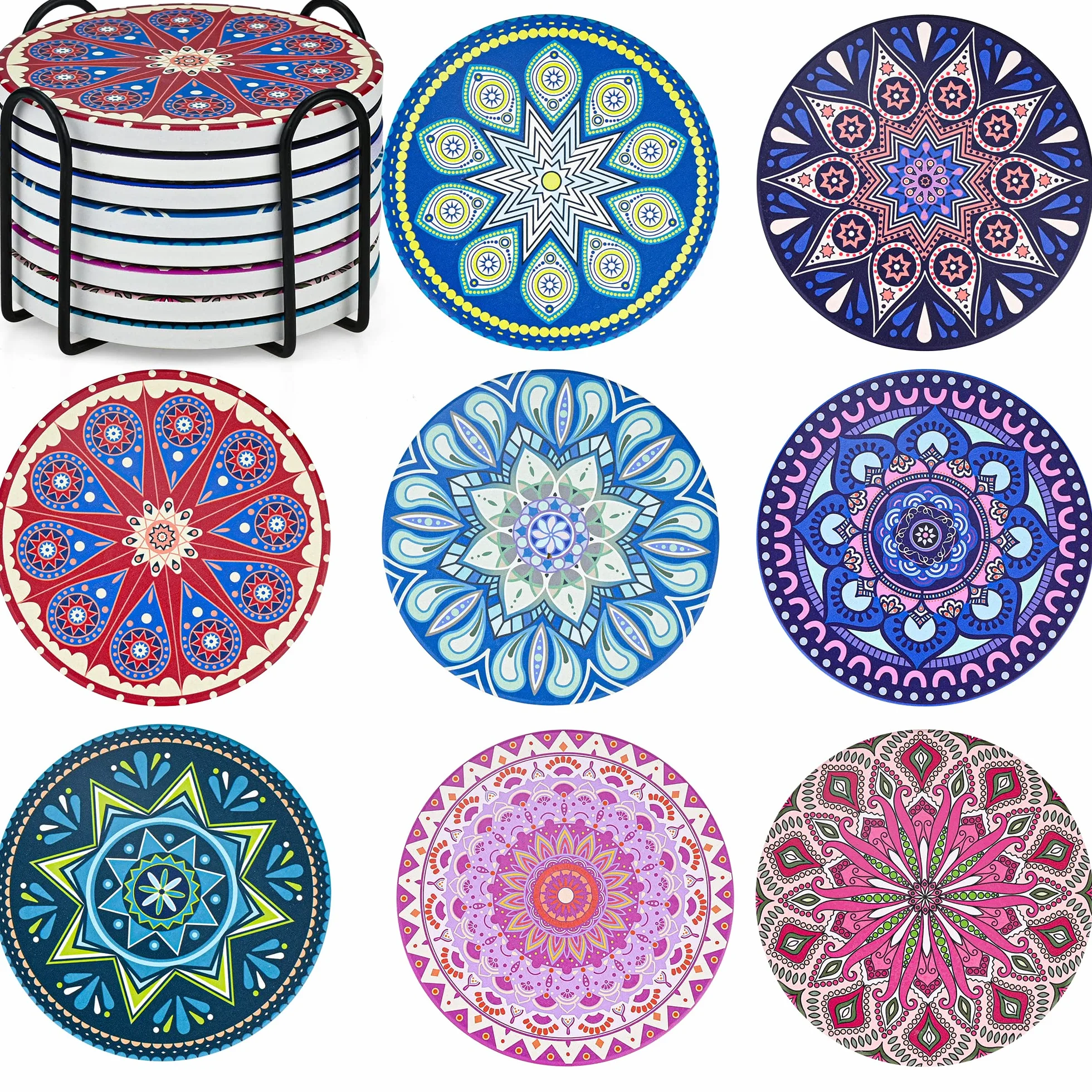 Mandala Juego 8 Posavasos Cerámica Redondos 4 Pulgadas Soporte Bebidas Absorbente Base Corcho Antideslizante
