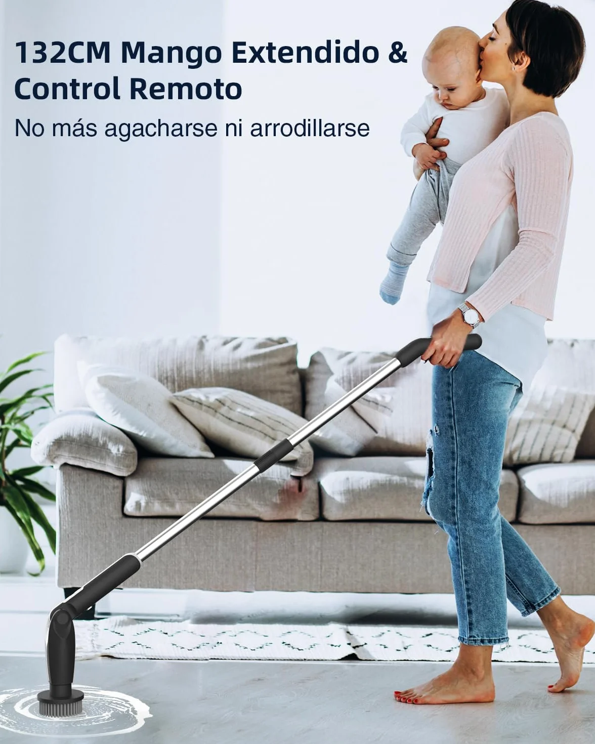 Leebein Cepillo Eléctrico Limpieza Hogar, Fregadora Giratoria Eléctrica con 8 Cepillo Reemplazables, Control Remoto, 2 Velocidades de Rotación y Mango Ajustable 38-132CM para Baño/Cocina/Coche