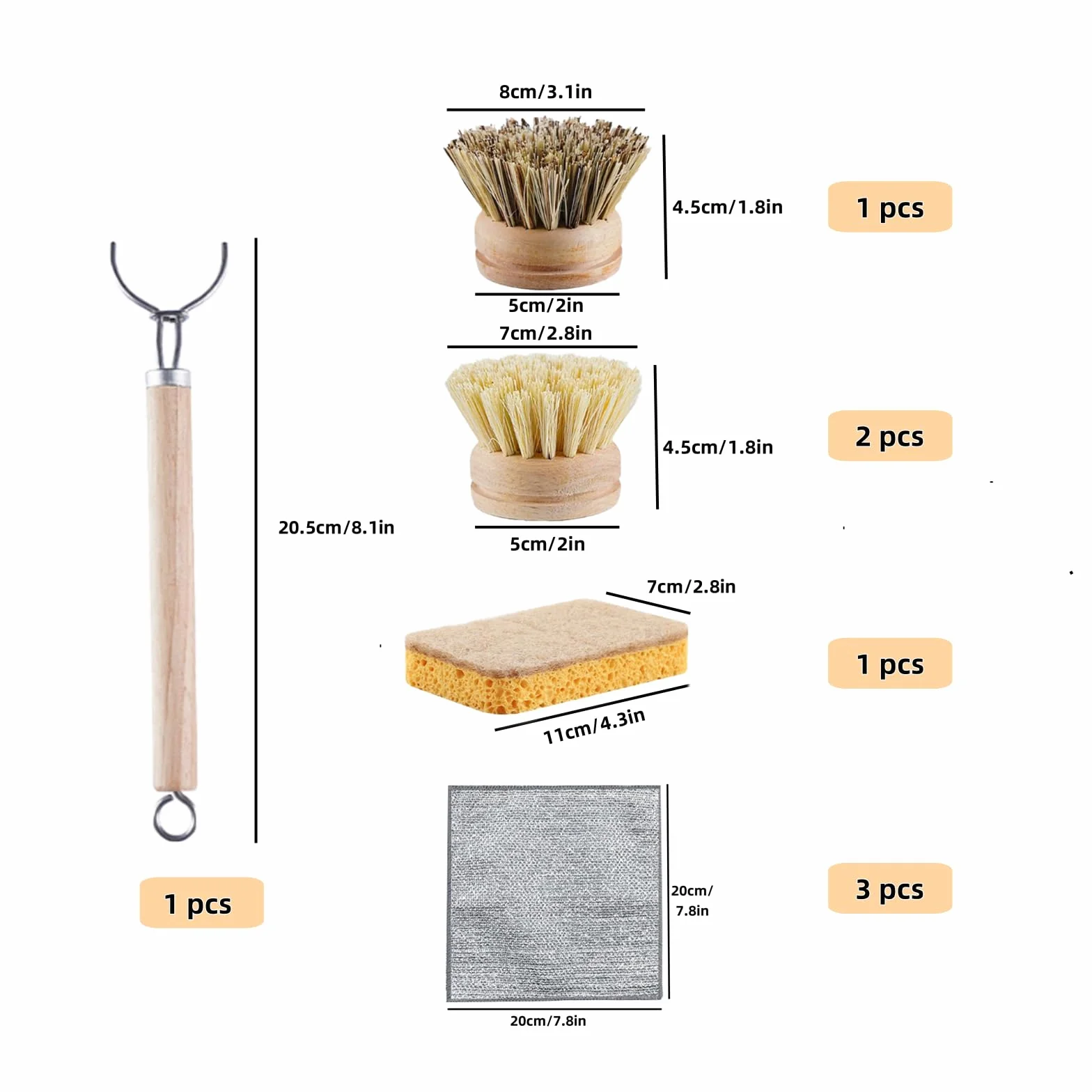 Cepillo Cocina Madera Bambu Platos Limpieza, Cepillo Lavavajillas, Ecológico Natural, 1 Mango Y 3 Cabezas De Reemplazo, 1 Esponja Y 3 Trapos Cocina