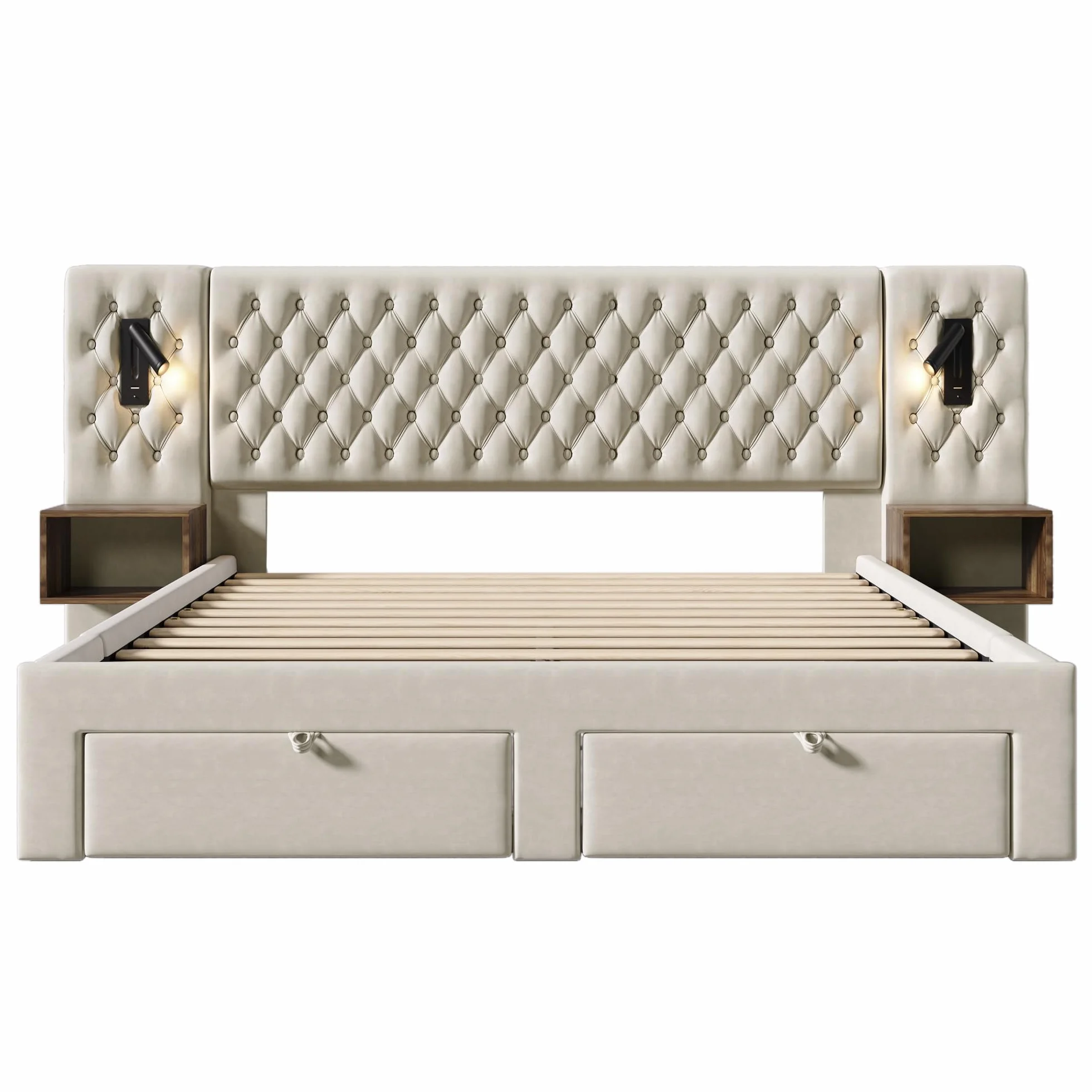 Cama doble tapizada 160x200 cm, 2 mesitas de noche, 4 cajones, cabecero de lectura USB, 243x211x106 cm, color gris