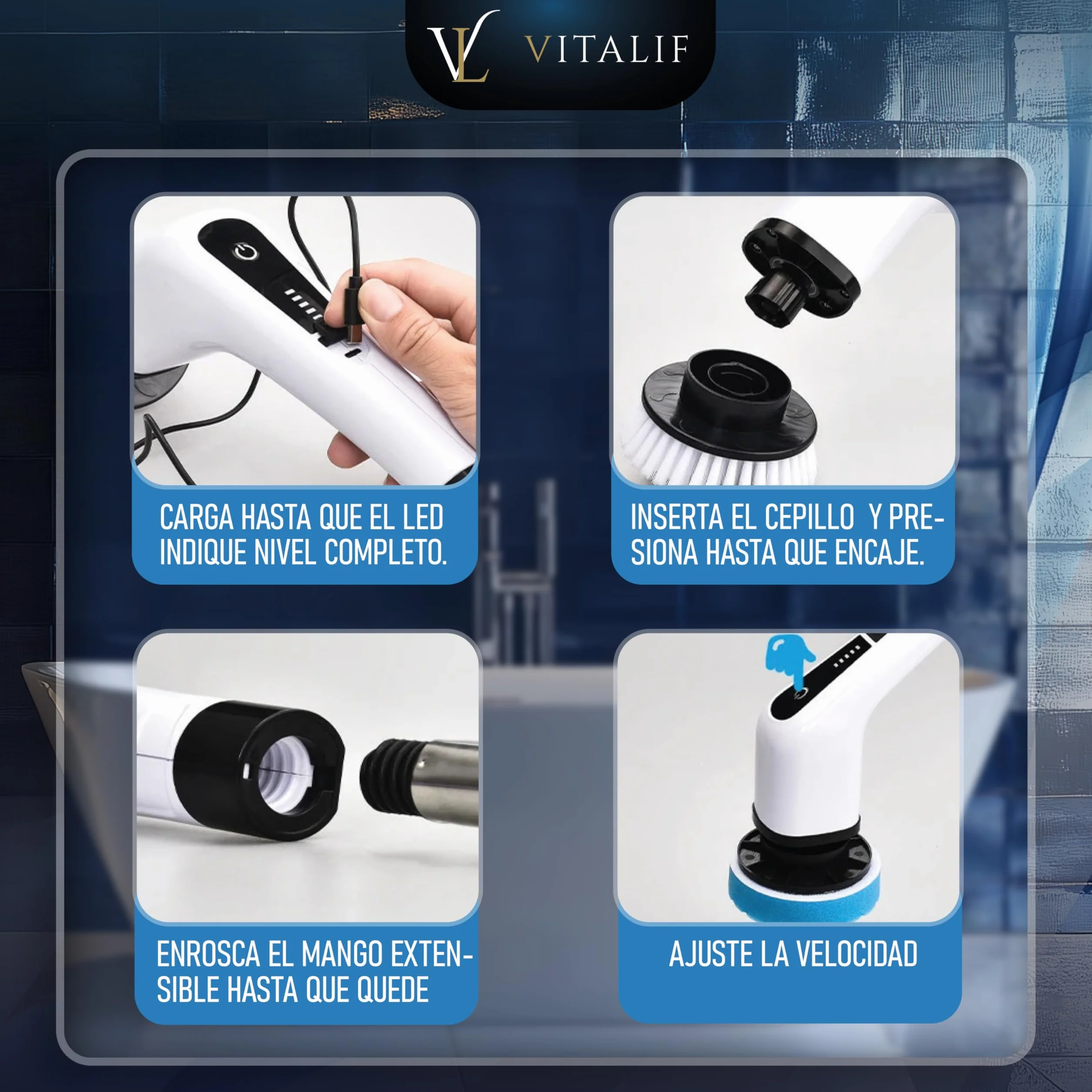 Super Cepillo electrico Limpieza hogar 12 Cabezales, Escoba electrica Limpieza Premium, 2 Velocidades, Batería 2600mah IPX6, Cepillo Limpieza Ducha, Cocina, Limpiador electrico 25W, pulidora Suelos