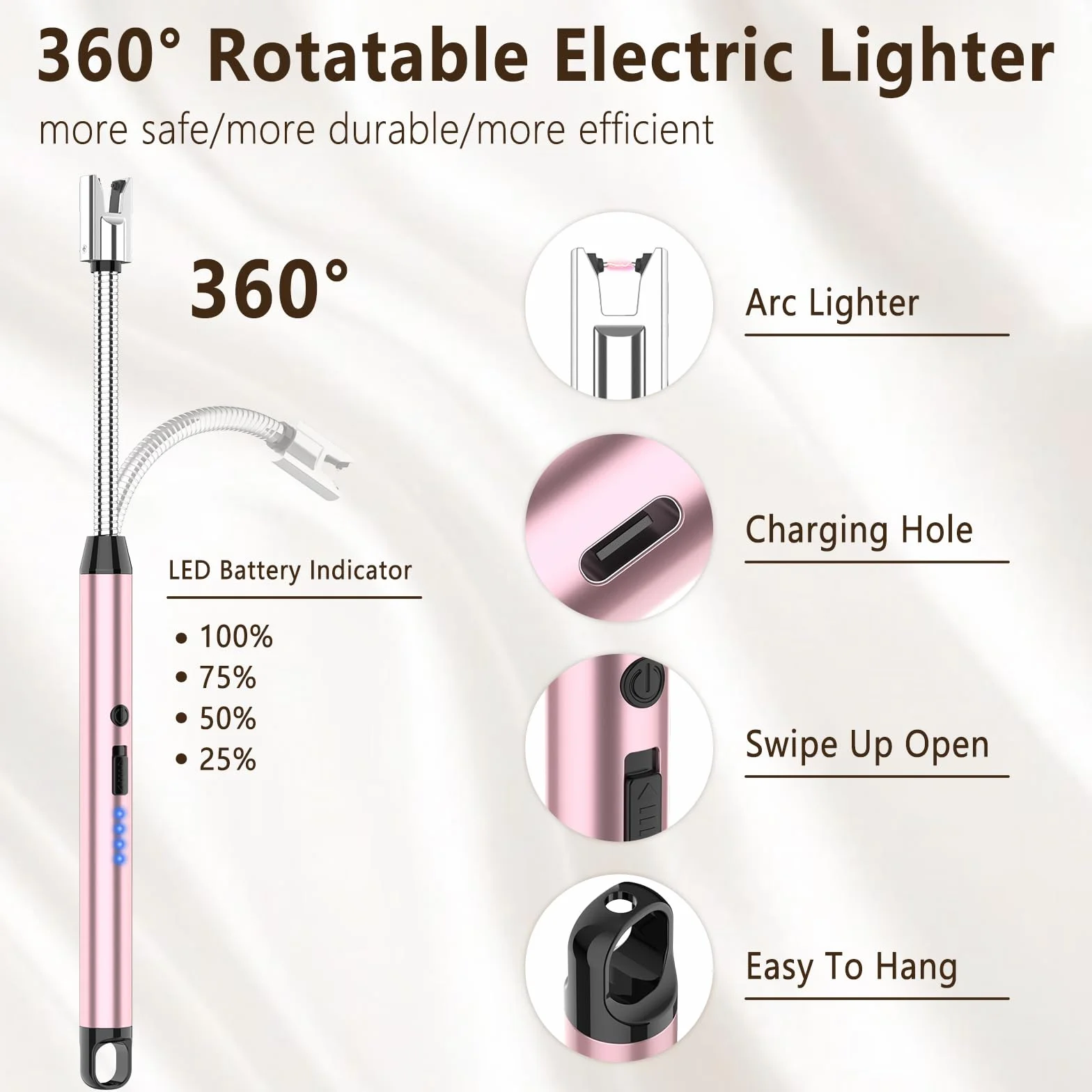 Encendedor Electrico USB Mechero, GeeRic Encendedor de Arco Eléctrico Recargable con Indicador LED, Recargable Mechero de Velas para Cocina de Gas,Chimenea, Barbacoa（Oro Rosa）